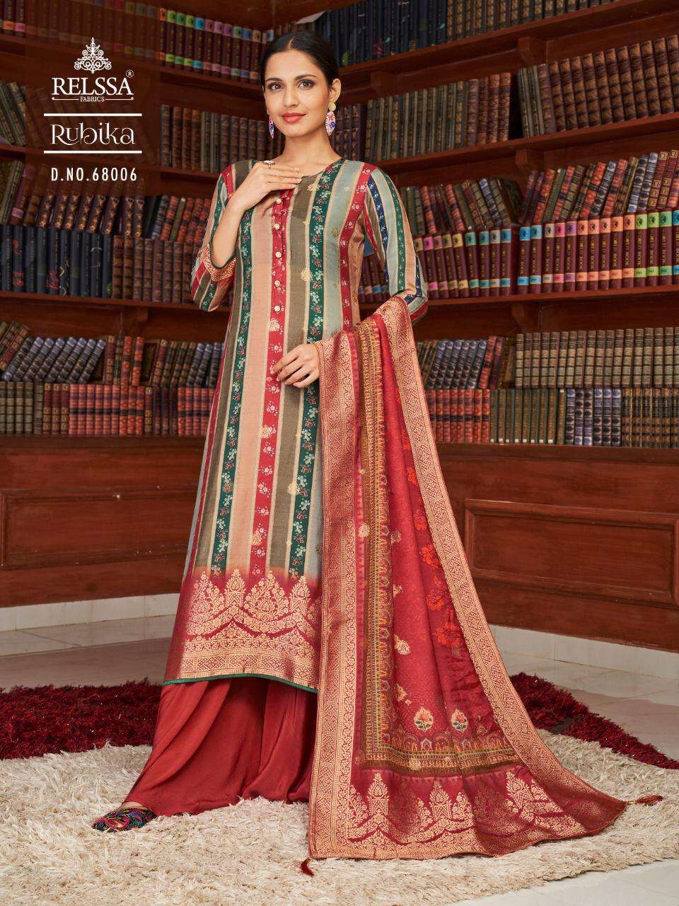 RUBIKA BY RELSSA FABRICS 68001 TO 68006 SERIES BEAUTIFUL SUITS COLORFUL STYLISH FANCY CASUAL WEAR & ETHNIC WEAR TANSUI SILK DIGITAL PRINT DRESSES AT WHOLESALE PRICE