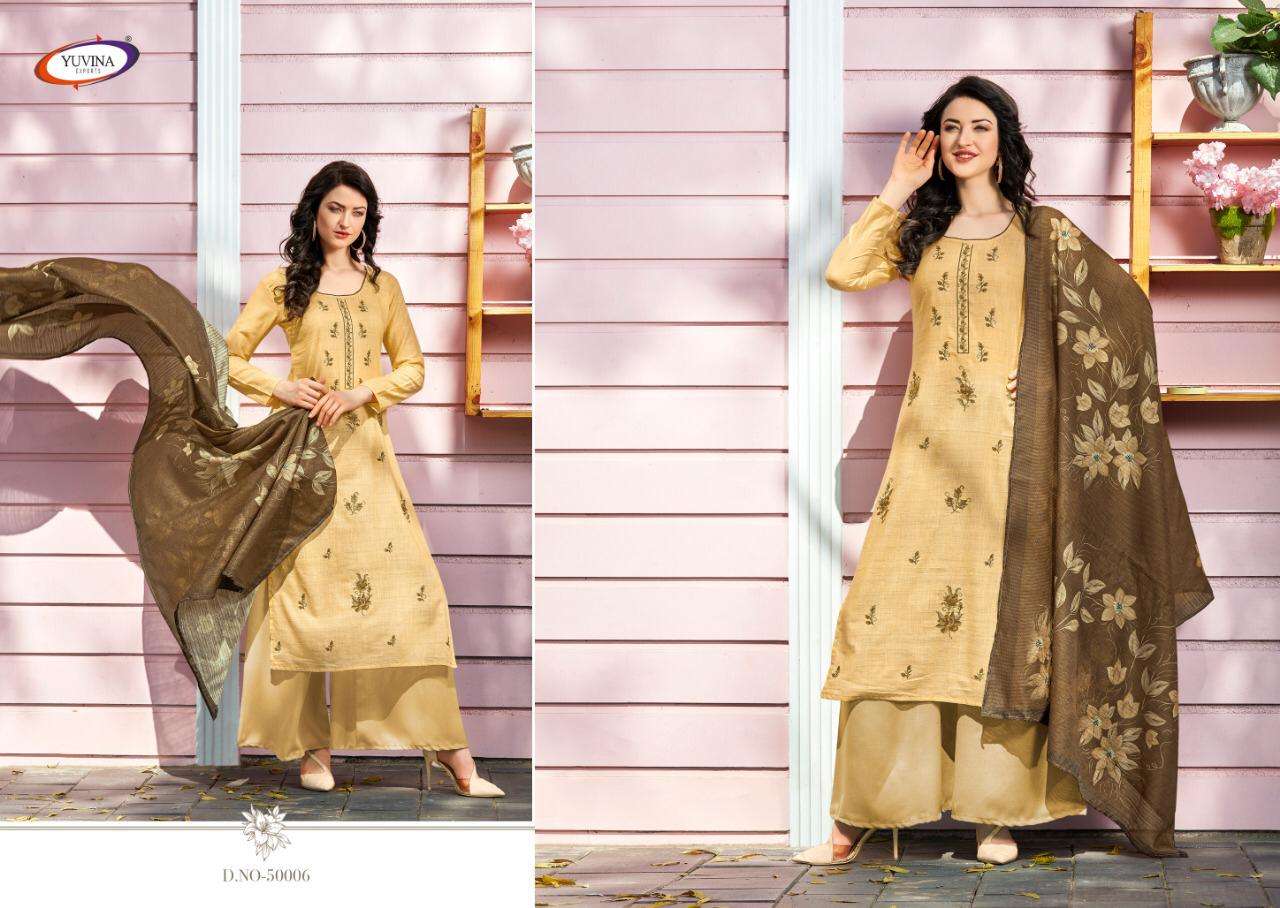 KIARA BY YUVINA EXPORTS 50001 TO 50006 SERIES DESIGNER SUITS BEAUTIFUL STYLISH FANCY COLORFUL PARTY WEAR & ETHNIC WEAR DYED COTTON EMBROIDERED DRESSES AT WHOLESALE PRICE