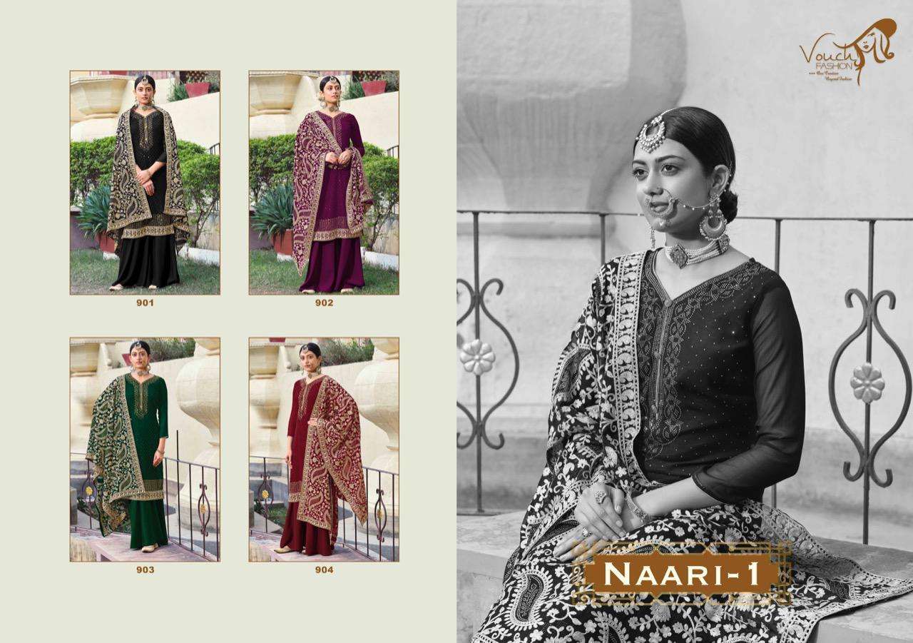 NAARI VOL-1 BY VOUCHE 901 TO 904 SERIES DESIGNER SHARARA SUITS COLLECTION BEAUTIFUL STYLISH COLORFUL FANCY PARTY WEAR & OCCASIONAL WEAR GEORGETTE DRESSES AT WHOLESALE PRICE