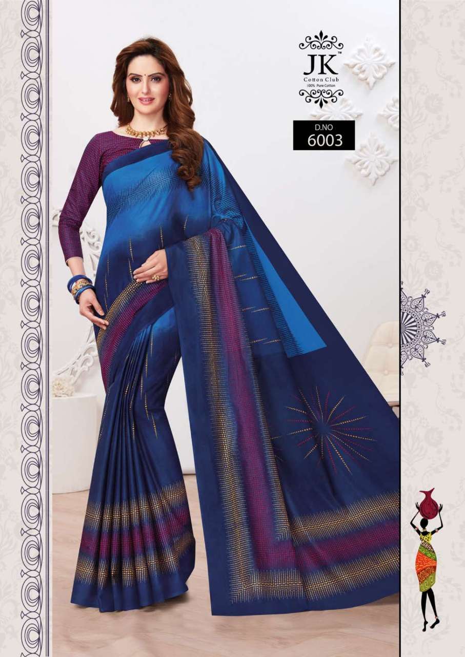 TULSI VOL-6 BY JK COTTON CLUB 6001 TO 6020 SERIES INDIAN TRADITIONAL WEAR COLLECTION BEAUTIFUL STYLISH FANCY COLORFUL PARTY WEAR & OCCASIONAL WEAR PURE COTTON SAREES AT WHOLESALE PRICE