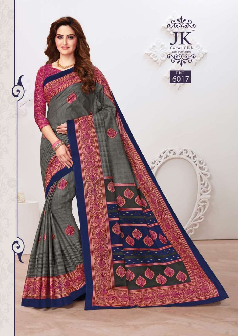 TULSI VOL-6 BY JK COTTON CLUB 6001 TO 6020 SERIES INDIAN TRADITIONAL WEAR COLLECTION BEAUTIFUL STYLISH FANCY COLORFUL PARTY WEAR & OCCASIONAL WEAR PURE COTTON SAREES AT WHOLESALE PRICE