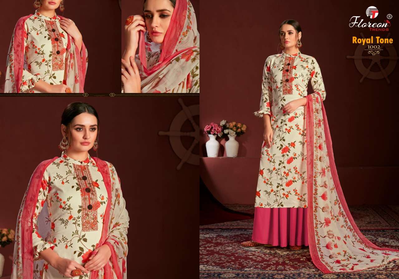 ROYAL TONE BY FLOREON TRENDS 1001 TO 1010 SERIES BEAUTIFUL SUITS COLORFUL STYLISH FANCY CASUAL WEAR & ETHNIC WEAR GLACE SATIN COTTON EMBROIDERED DRESSES AT WHOLESALE PRICE