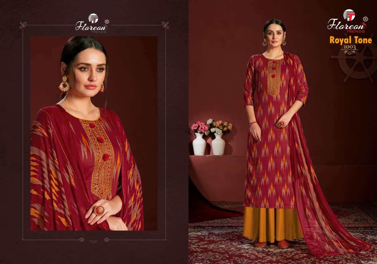 ROYAL TONE BY FLOREON TRENDS 1001 TO 1010 SERIES BEAUTIFUL SUITS COLORFUL STYLISH FANCY CASUAL WEAR & ETHNIC WEAR GLACE SATIN COTTON EMBROIDERED DRESSES AT WHOLESALE PRICE