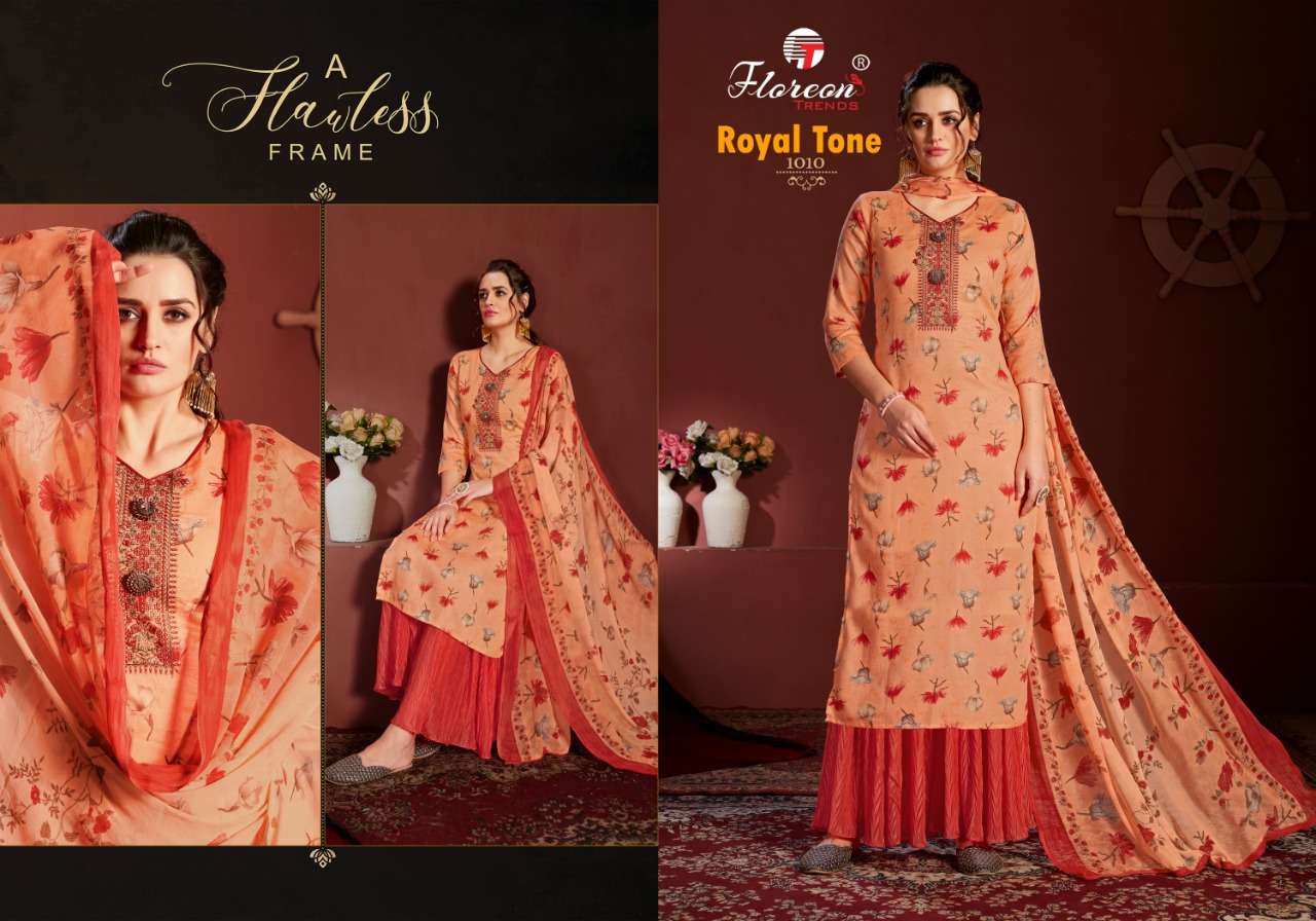 ROYAL TONE BY FLOREON TRENDS 1001 TO 1010 SERIES BEAUTIFUL SUITS COLORFUL STYLISH FANCY CASUAL WEAR & ETHNIC WEAR GLACE SATIN COTTON EMBROIDERED DRESSES AT WHOLESALE PRICE