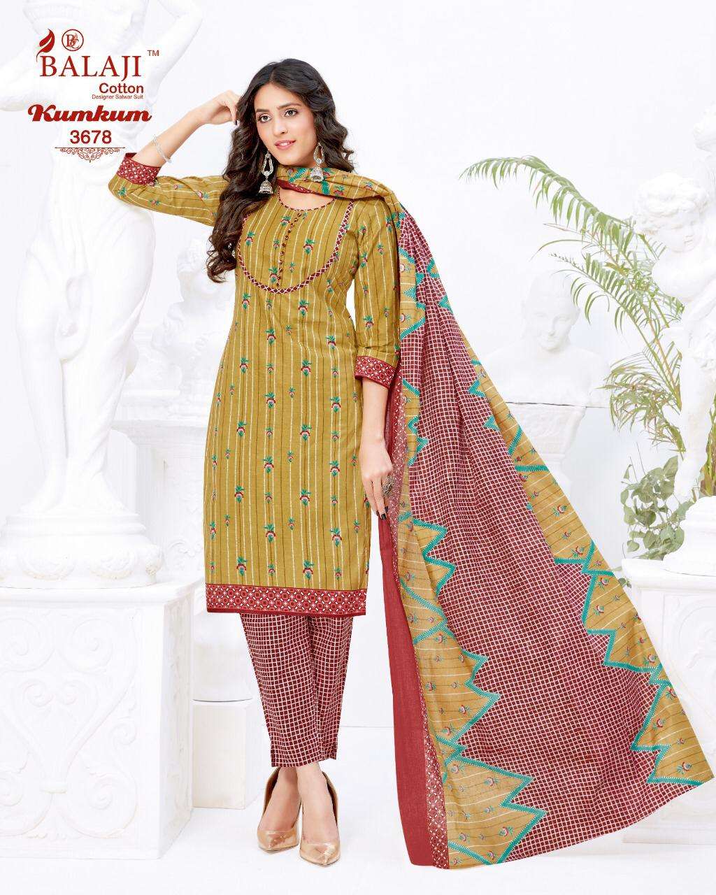 KUMKUM VOL-24 BY BALAJI COTTON 3871 TO 3890 SERIES BEAUTIFUL STYLISH SHARARA SUITS FANCY COLORFUL CASUAL WEAR & ETHNIC WEAR & READY TO WEAR HEAVY COTTON PRINTED DRESSES AT WHOLESALE PRICE