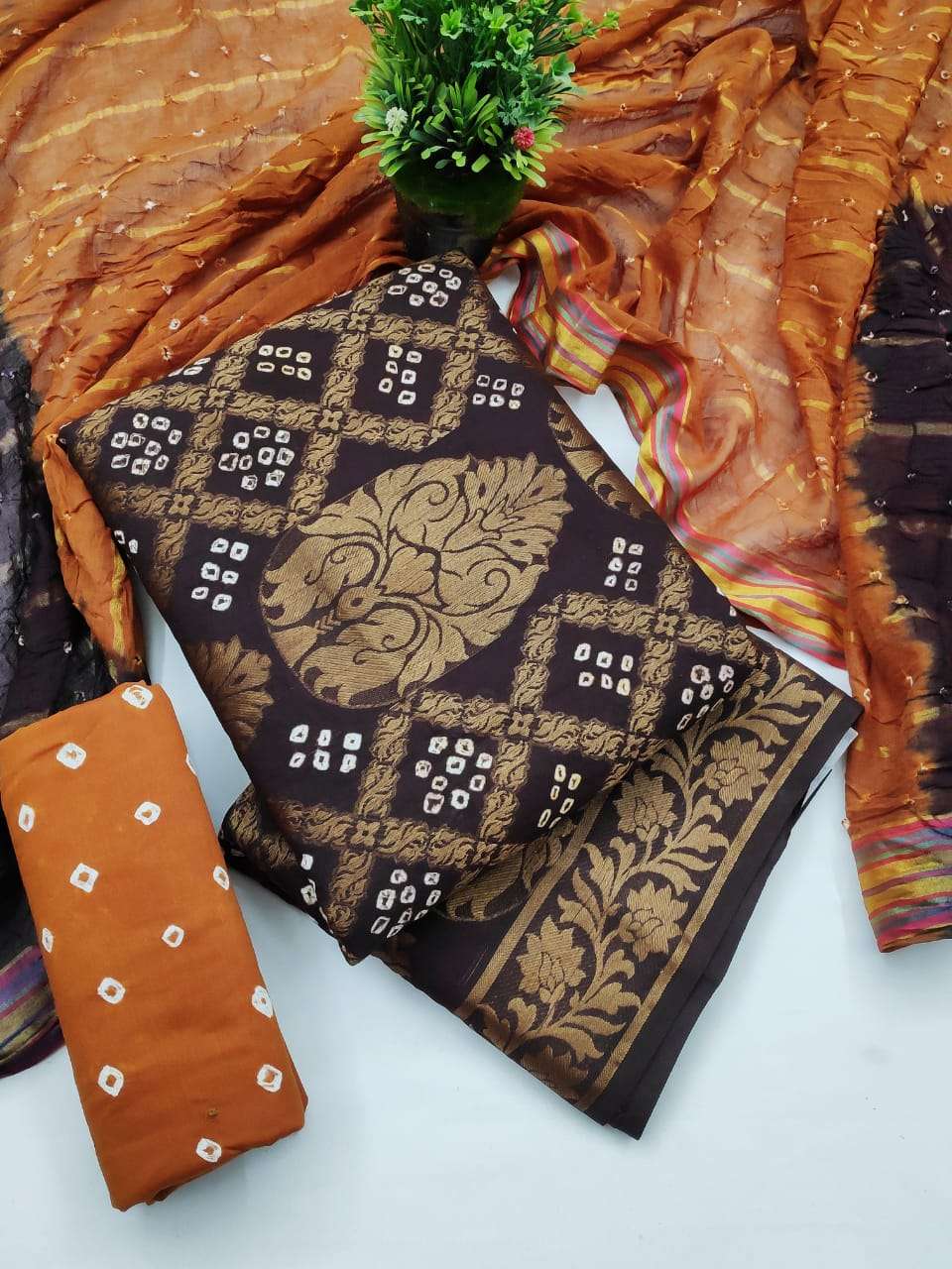 BANDHANI DRESS MATERIAL VOL-3 BY FASHID WHOLESALE 301 TO 306 SERIES BEAUTIFUL SUITS STYLISH FANCY COLORFUL PARTY WEAR & OCCASIONAL WEAR SATIN COTTON BANDHEJ PRINTED DRESSES AT WHOLESALE PRICE