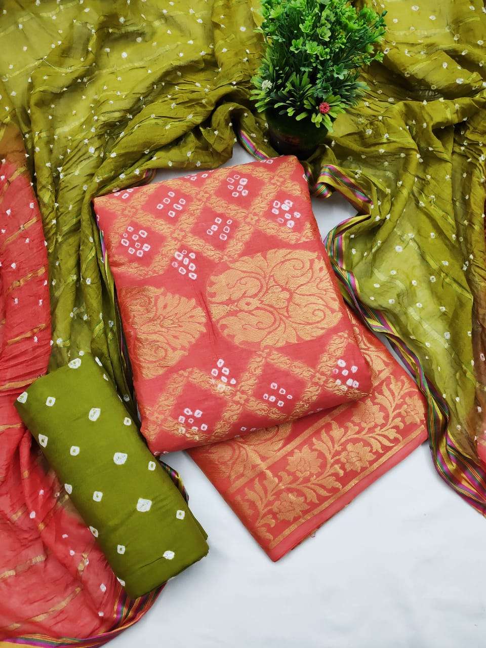 BANDHANI DRESS MATERIAL VOL-3 BY FASHID WHOLESALE 301 TO 306 SERIES BEAUTIFUL SUITS STYLISH FANCY COLORFUL PARTY WEAR & OCCASIONAL WEAR SATIN COTTON BANDHEJ PRINTED DRESSES AT WHOLESALE PRICE