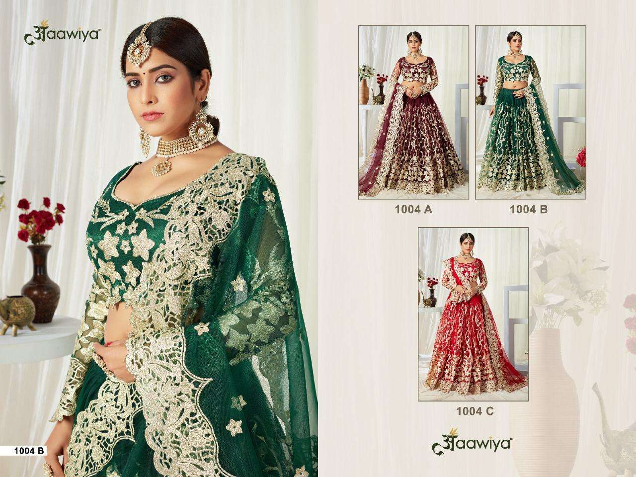 Agnilekha 1004 Colours By Aawiya 1004-A To 1004-C Series Indian Traditional Beautiful Stylish Designer Banarasi Silk Jacquard Embroidered Party Wear Net Lehengas At Wholesale Price