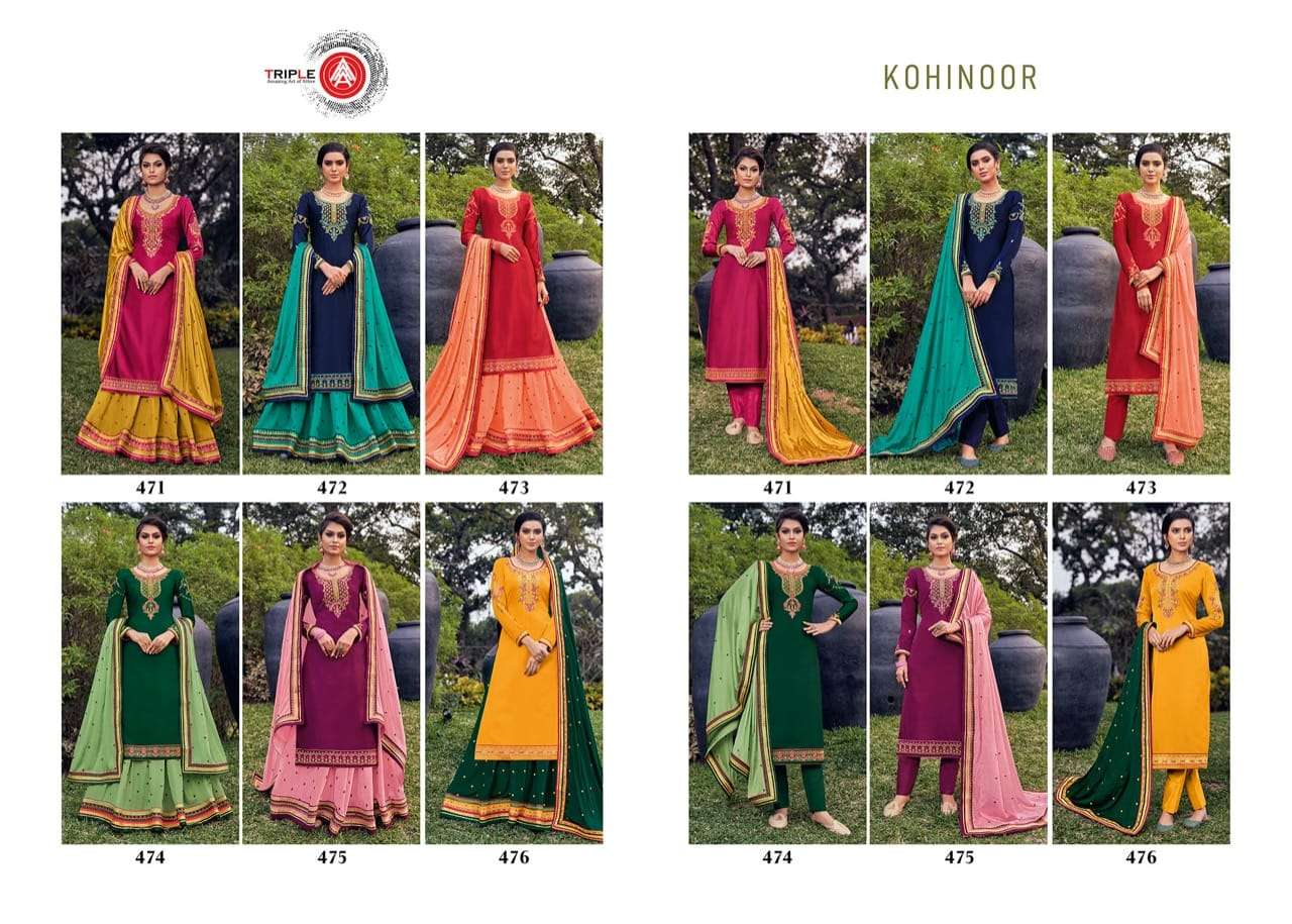 KOHINOOR BY TRIPLE AAA 471 TO 476 SERIES BEAUTIFUL STYLISH SUITS FANCY COLORFUL CASUAL WEAR & ETHNIC WEAR & READY TO WEAR SATIN GEORGETTE DRESSES AT WHOLESALE PRICE