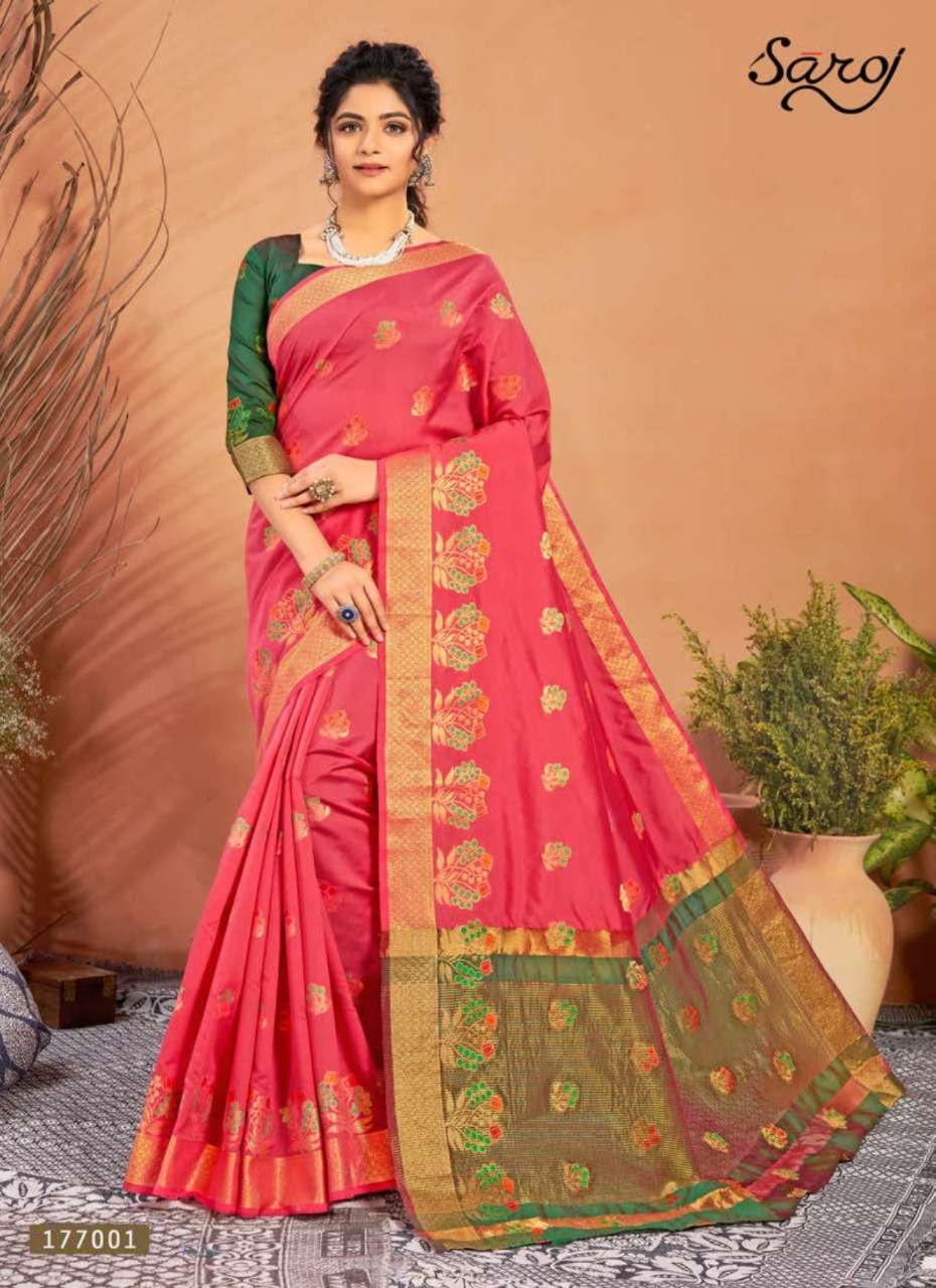 TEJASWINI BY SAROJ 177001 TO 177008 SERIES INDIAN TRADITIONAL WEAR COLLECTION BEAUTIFUL STYLISH FANCY COLORFUL PARTY WEAR & OCCASIONAL WEAR LICHI SILK SAREES AT WHOLESALE PRICE