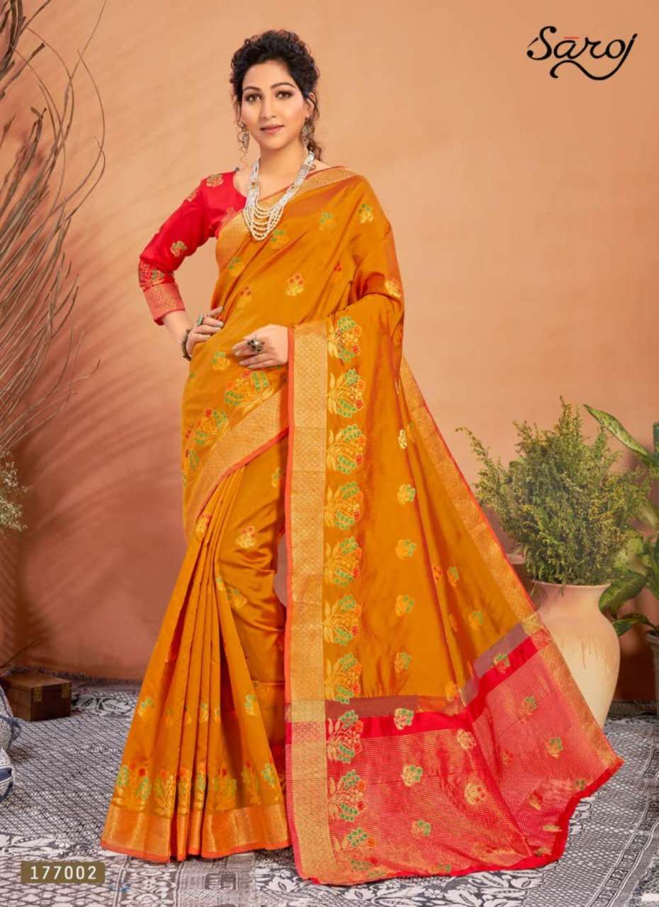 TEJASWINI BY SAROJ 177001 TO 177008 SERIES INDIAN TRADITIONAL WEAR COLLECTION BEAUTIFUL STYLISH FANCY COLORFUL PARTY WEAR & OCCASIONAL WEAR LICHI SILK SAREES AT WHOLESALE PRICE