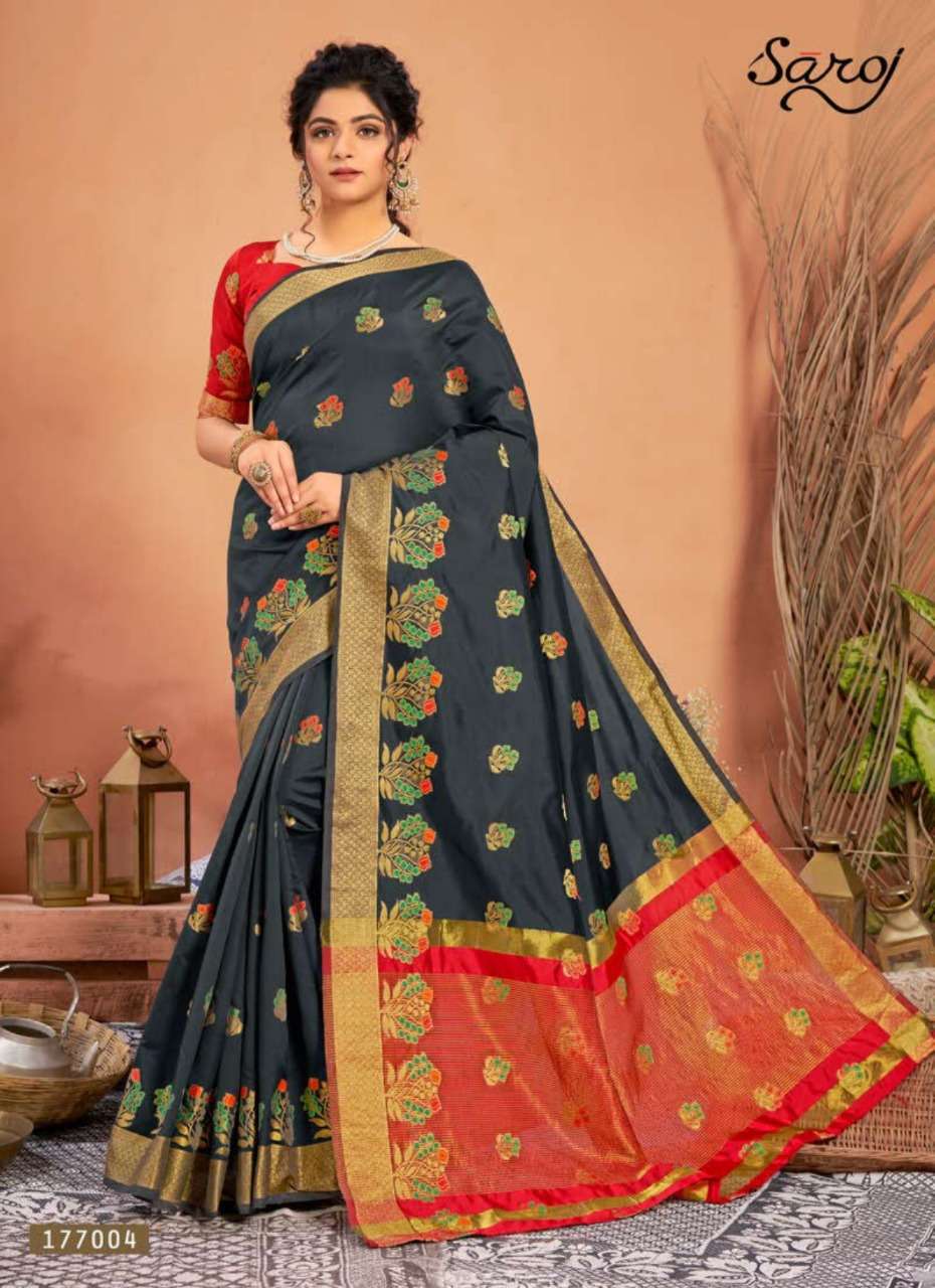 TEJASWINI BY SAROJ 177001 TO 177008 SERIES INDIAN TRADITIONAL WEAR COLLECTION BEAUTIFUL STYLISH FANCY COLORFUL PARTY WEAR & OCCASIONAL WEAR LICHI SILK SAREES AT WHOLESALE PRICE