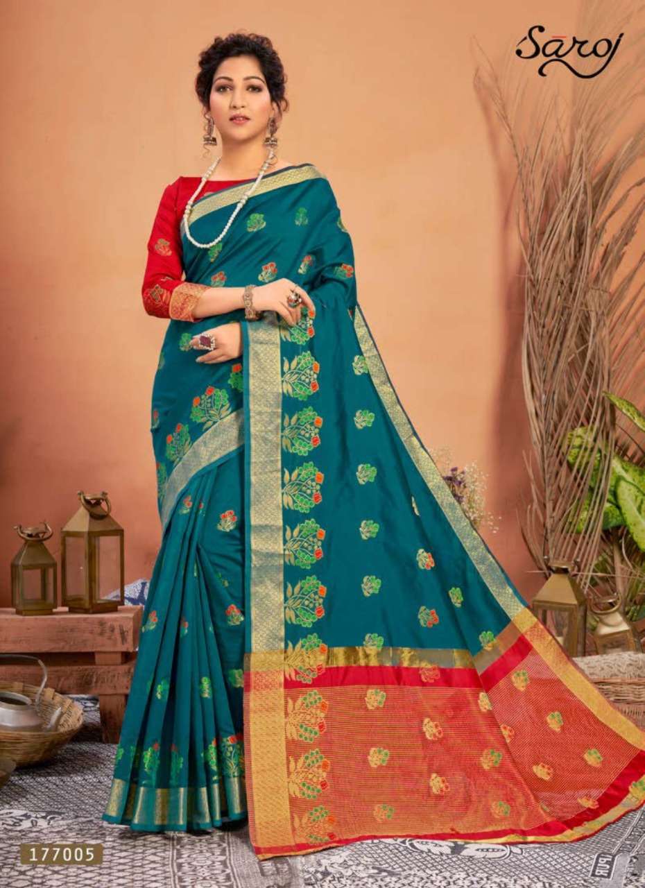 TEJASWINI BY SAROJ 177001 TO 177008 SERIES INDIAN TRADITIONAL WEAR COLLECTION BEAUTIFUL STYLISH FANCY COLORFUL PARTY WEAR & OCCASIONAL WEAR LICHI SILK SAREES AT WHOLESALE PRICE