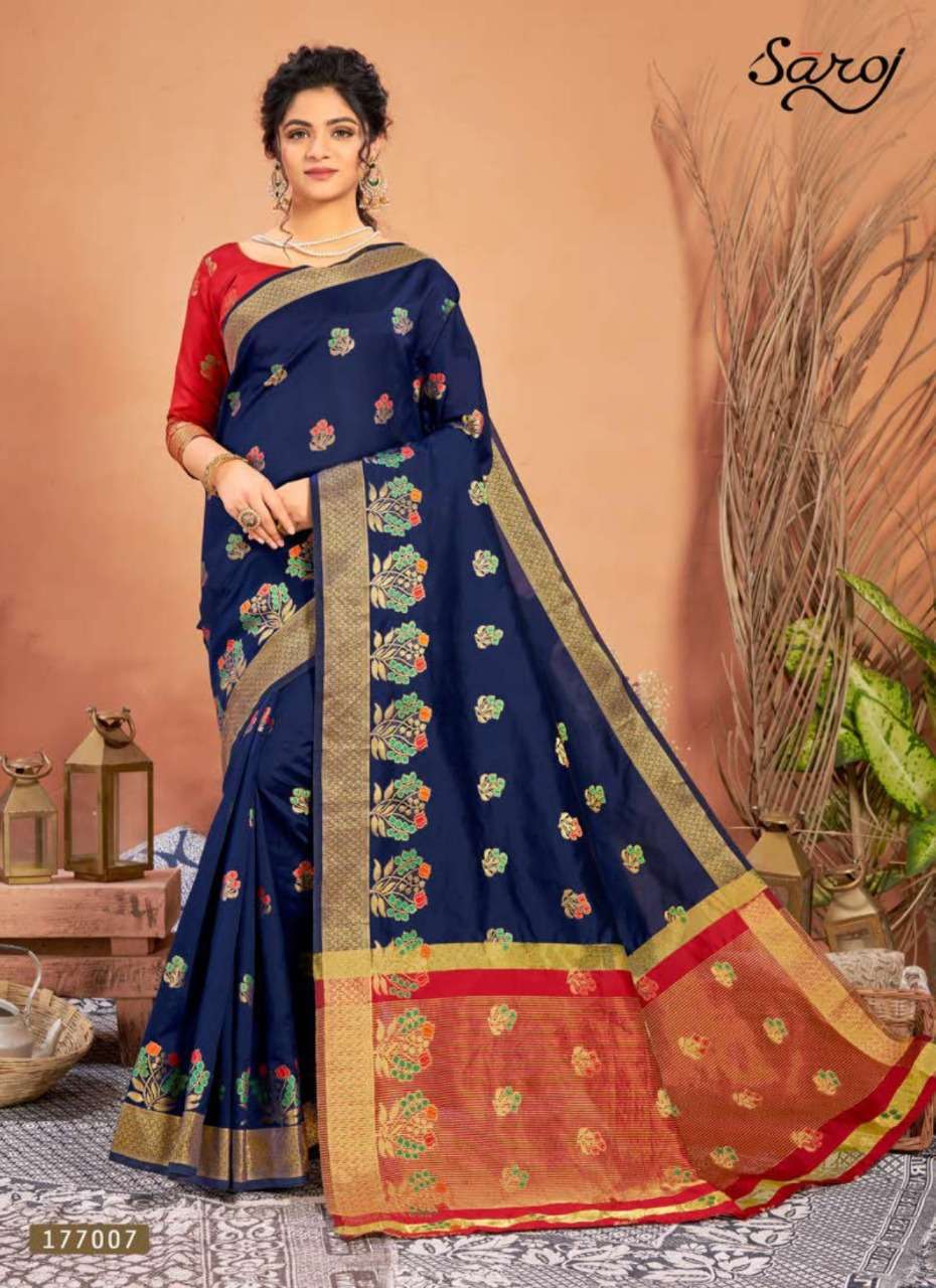 TEJASWINI BY SAROJ 177001 TO 177008 SERIES INDIAN TRADITIONAL WEAR COLLECTION BEAUTIFUL STYLISH FANCY COLORFUL PARTY WEAR & OCCASIONAL WEAR LICHI SILK SAREES AT WHOLESALE PRICE