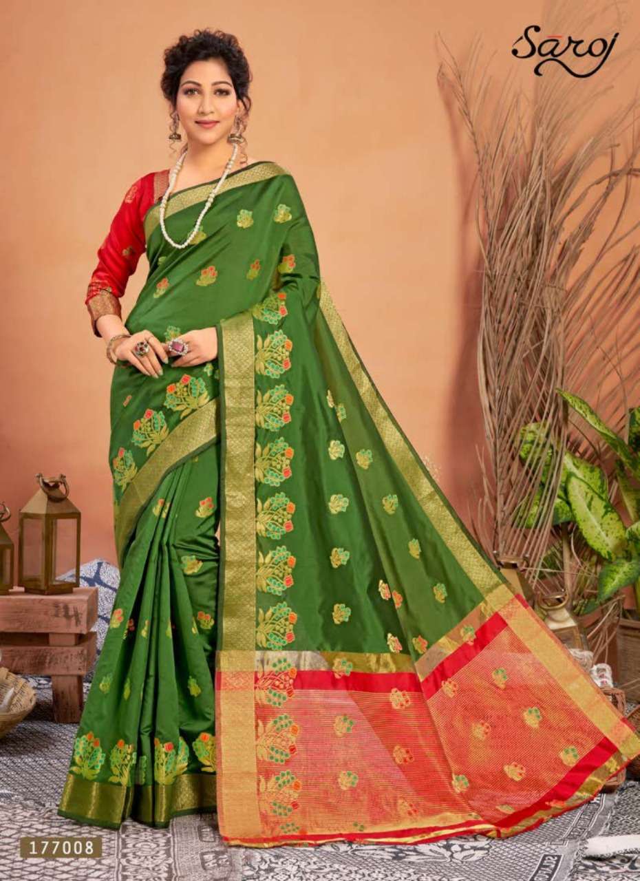 TEJASWINI BY SAROJ 177001 TO 177008 SERIES INDIAN TRADITIONAL WEAR COLLECTION BEAUTIFUL STYLISH FANCY COLORFUL PARTY WEAR & OCCASIONAL WEAR LICHI SILK SAREES AT WHOLESALE PRICE