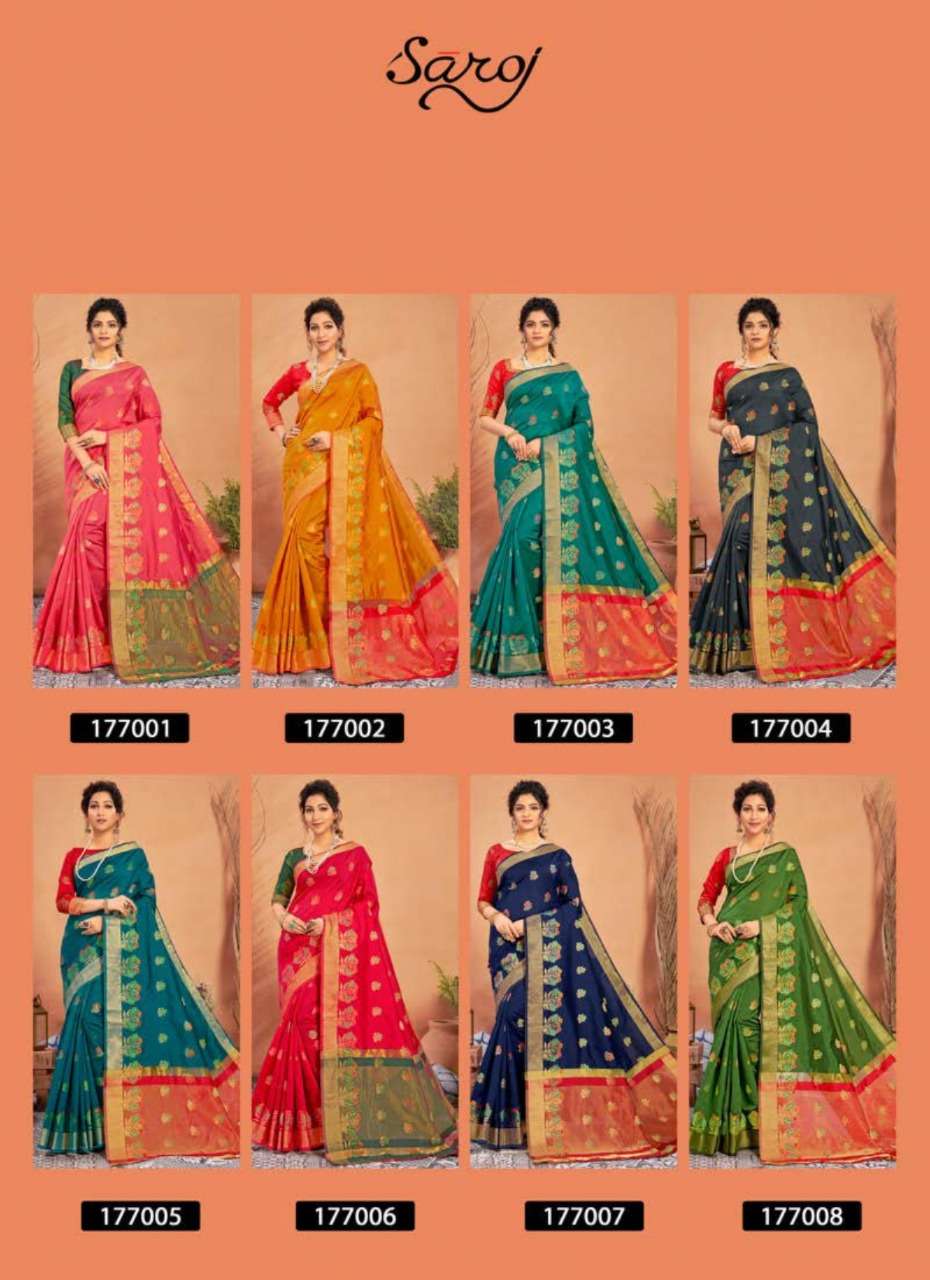 TEJASWINI BY SAROJ 177001 TO 177008 SERIES INDIAN TRADITIONAL WEAR COLLECTION BEAUTIFUL STYLISH FANCY COLORFUL PARTY WEAR & OCCASIONAL WEAR LICHI SILK SAREES AT WHOLESALE PRICE