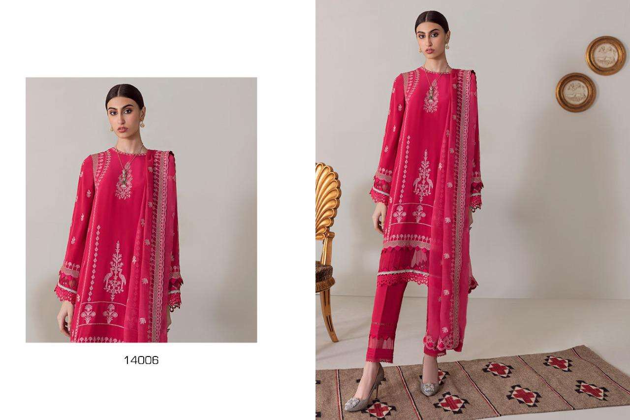 MEHROZE VOL-2 BY RAWAYAT 14004 TO 14009 SERIES PAKISTANI STYLISH BEAUTIFUL COLOURFUL PRINTED & EMBROIDERED PARTY WEAR & OCCASIONAL WEAR PURE COTTON LAWN EMBROIDERED DRESSES AT WHOLESALE PRICE