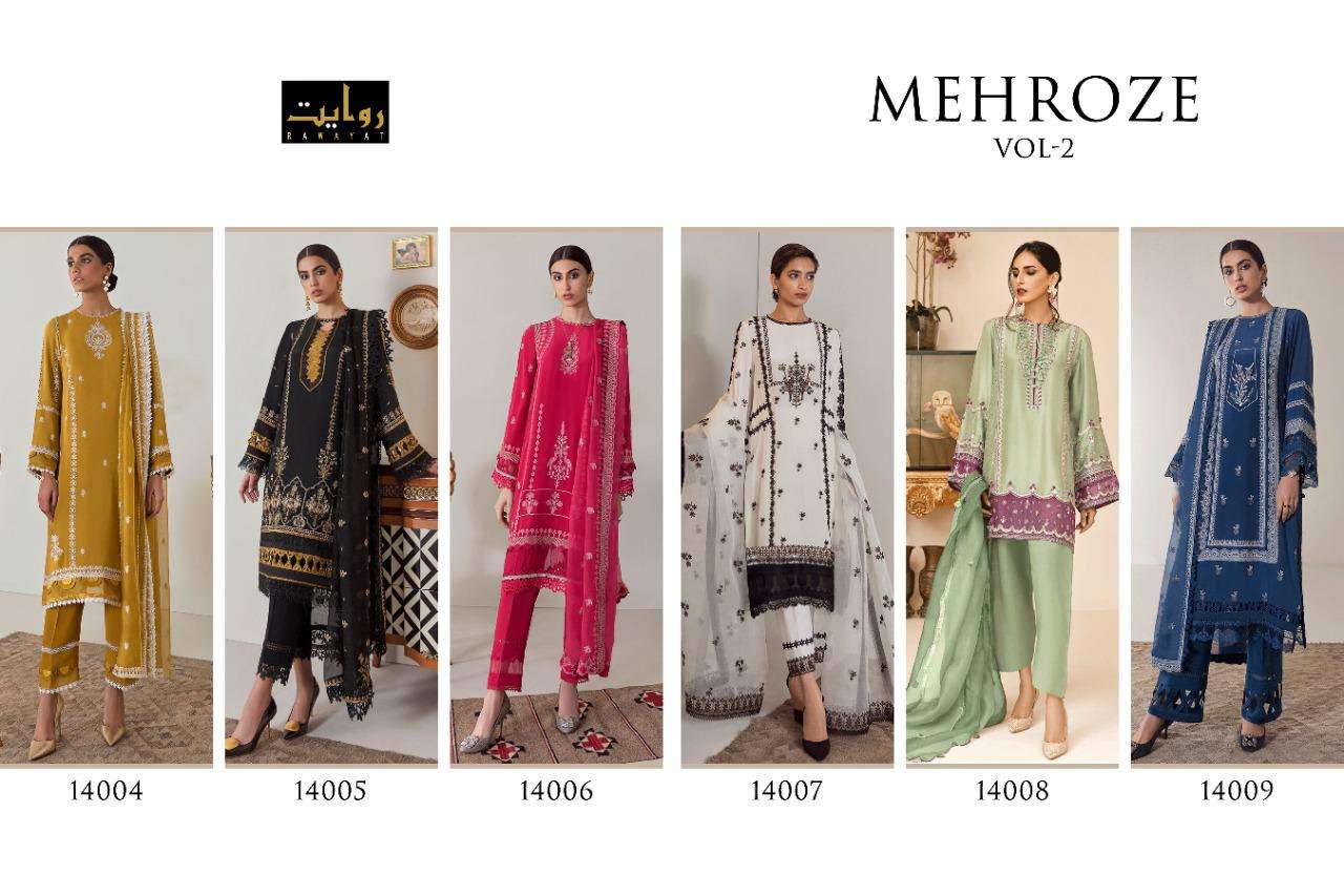 MEHROZE VOL-2 BY RAWAYAT 14004 TO 14009 SERIES PAKISTANI STYLISH BEAUTIFUL COLOURFUL PRINTED & EMBROIDERED PARTY WEAR & OCCASIONAL WEAR PURE COTTON LAWN EMBROIDERED DRESSES AT WHOLESALE PRICE