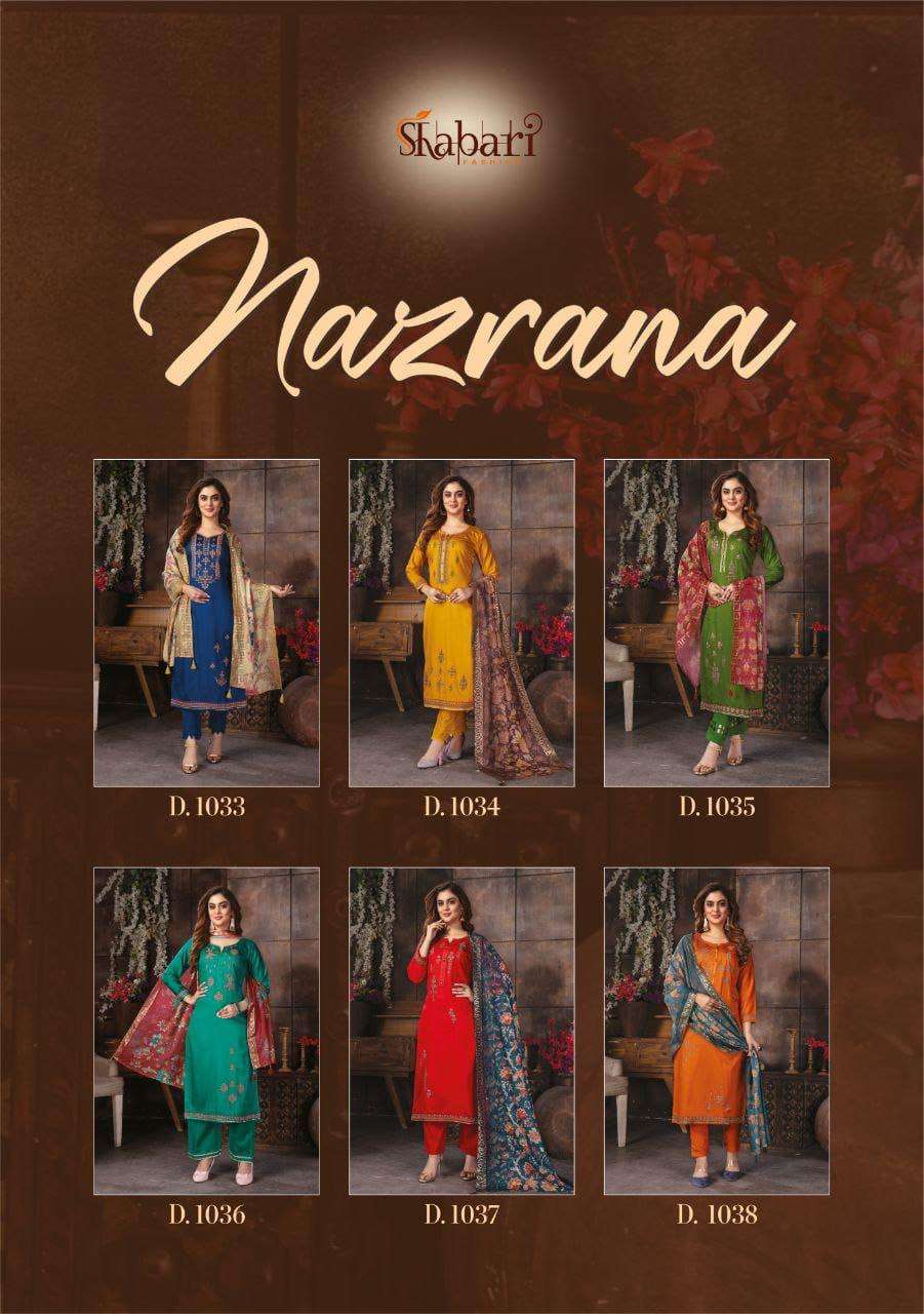 NAZRANA BY SHABARI FASHION 1033 TO 1038 SERIES BEAUTIFUL STYLISH SHARARA SUITS FANCY COLORFUL CASUAL WEAR & ETHNIC WEAR & READY TO WEAR JAM COTTON EMBROIDERED DRESSES AT WHOLESALE PRICE