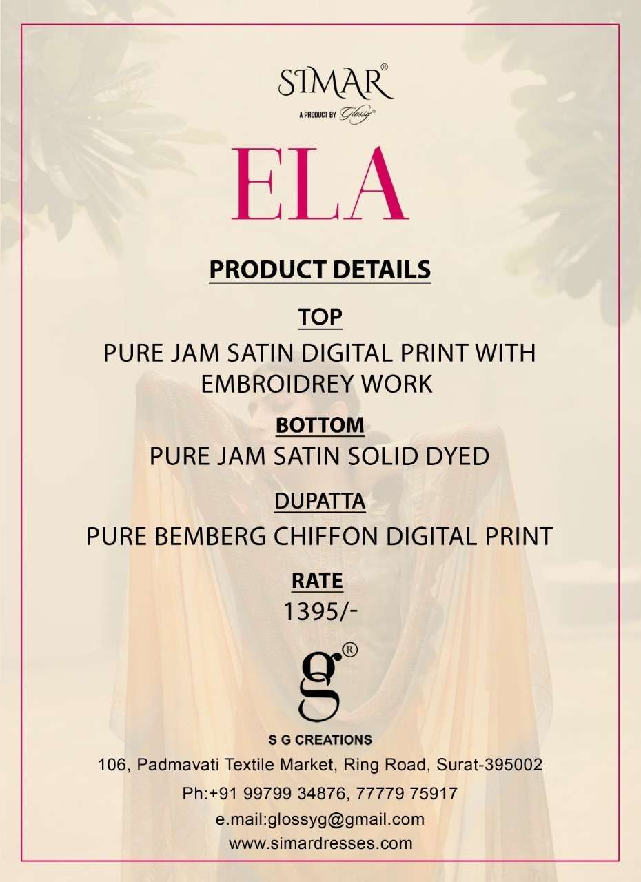 ELA BY GLOSSY 2727 TO 2734 SERIES BEAUTIFUL SUITS COLORFUL STYLISH FANCY CASUAL WEAR & ETHNIC WEAR PURE JAM SATIN DIGITAL PRINT WITH EMBROIDERY WORK DRESSES AT WHOLESALE PRICE