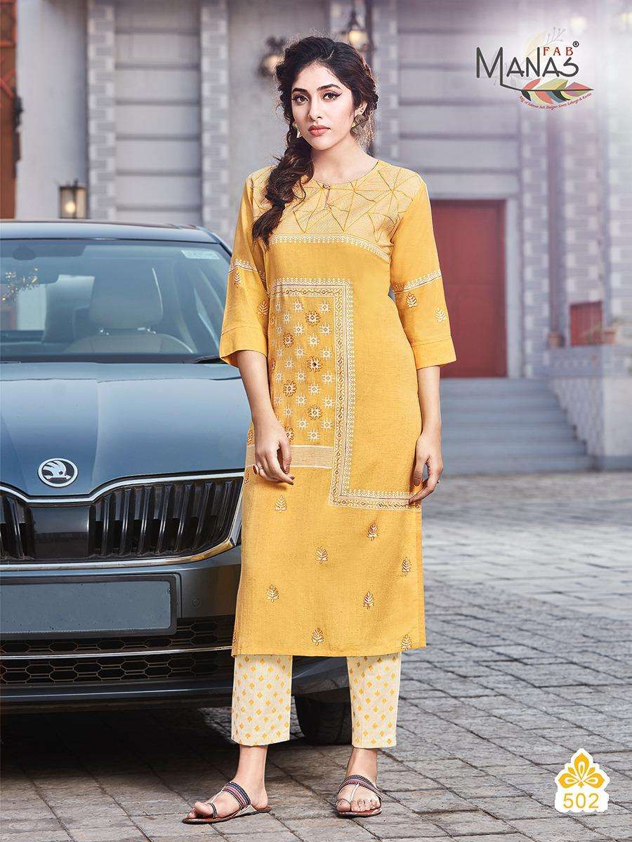 LIVAA BY MANAS FAB 501 TO 506 SERIES DESIGNER STYLISH FANCY COLORFUL BEAUTIFUL PARTY WEAR & ETHNIC WEAR COLLECTION VISCOSE LINEN PRINTED KURTIS WITH BOTTOM AT WHOLESALE PRICE