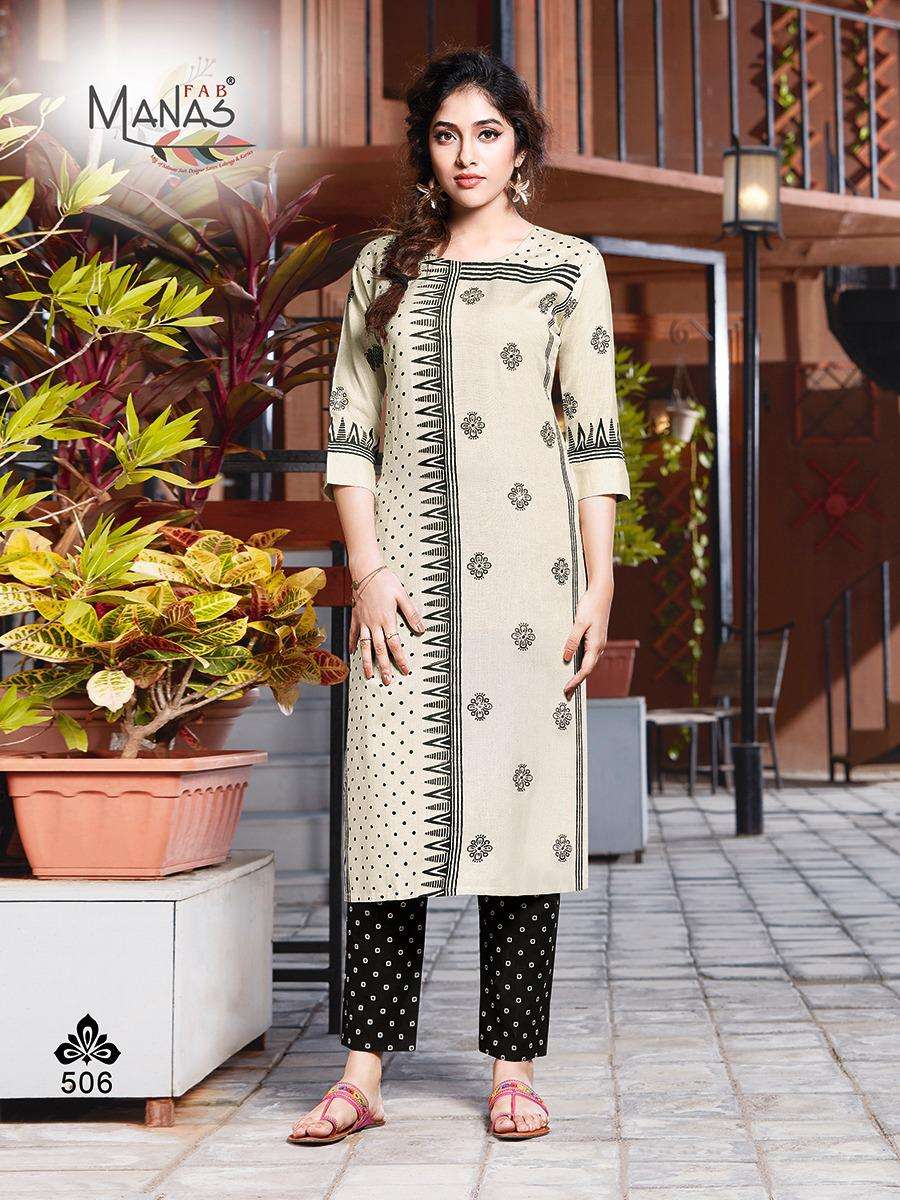 LIVAA BY MANAS FAB 501 TO 506 SERIES DESIGNER STYLISH FANCY COLORFUL BEAUTIFUL PARTY WEAR & ETHNIC WEAR COLLECTION VISCOSE LINEN PRINTED KURTIS WITH BOTTOM AT WHOLESALE PRICE