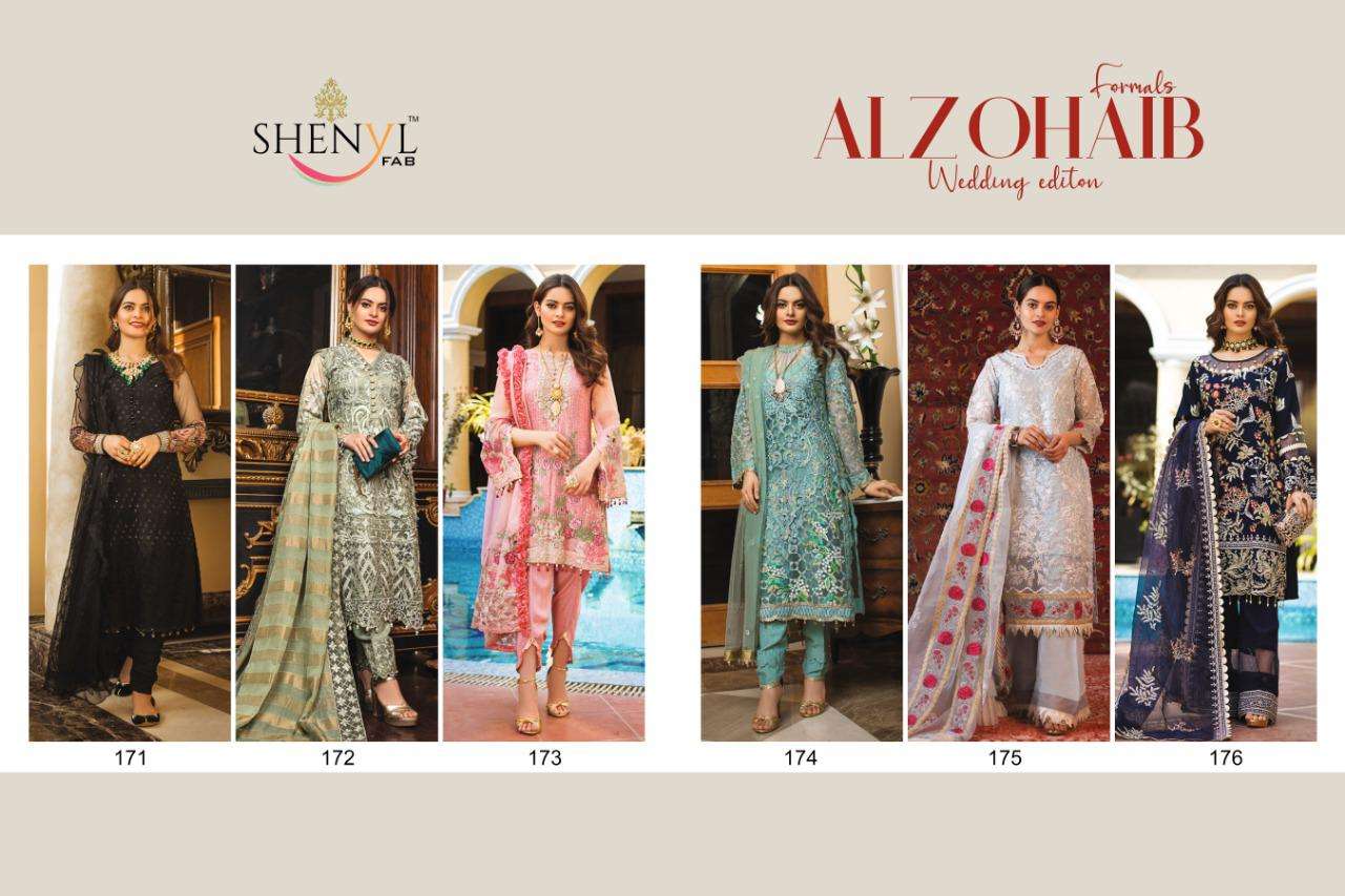 ALZOHAIB BY SHENYL 171 TO 176 SERIES BEAUTIFUL SUITS STYLISH COLORFUL FANCY CASUAL WEAR & ETHNIC WEAR FAUX GEORGETTE EMBROIDERED DRESSES AT WHOLESALE PRICE
