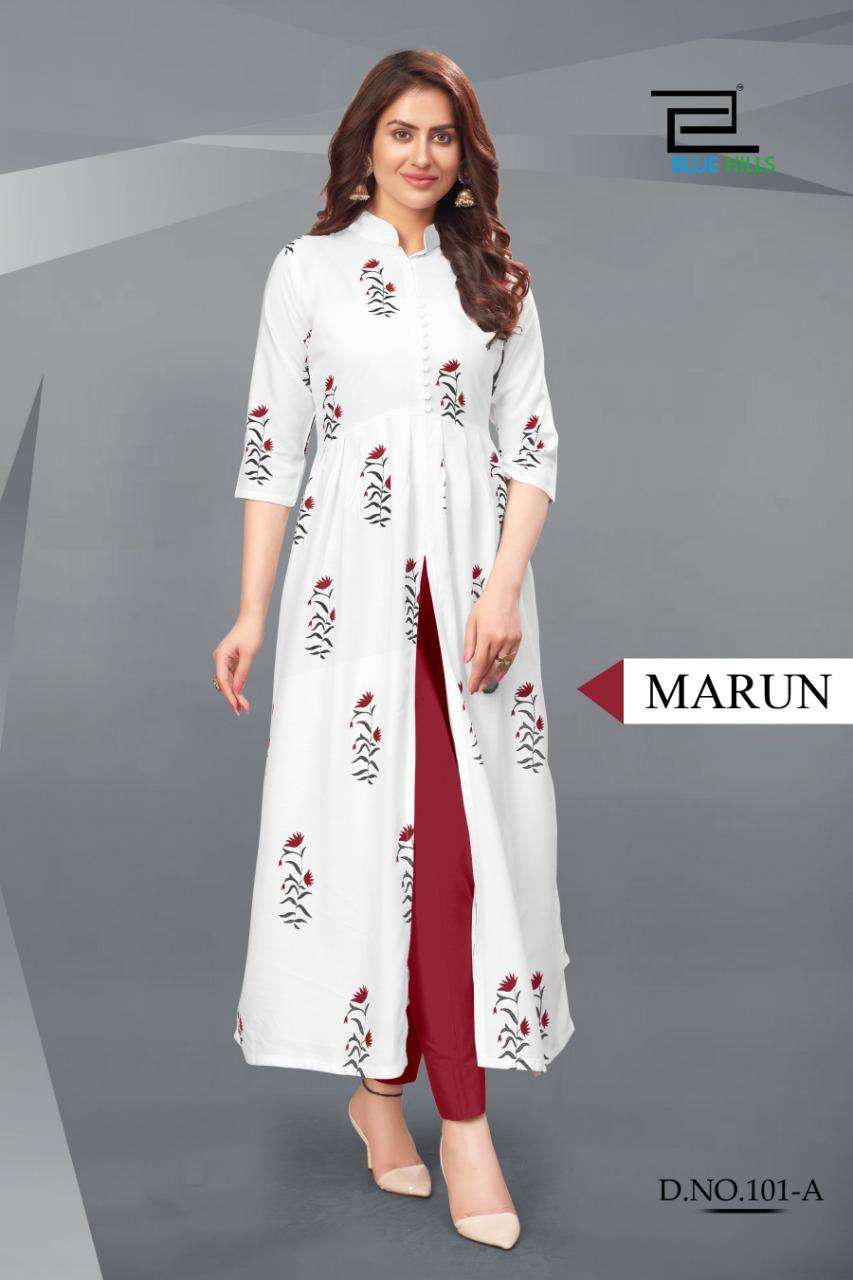 CALENDAR VOL-1 BY BLUE HILLS 101-A TO 101-D SERIES DESIGNER STYLISH FANCY COLORFUL BEAUTIFUL PARTY WEAR & ETHNIC WEAR COLLECTION RAYON PRINTED KURTIS AT WHOLESALE PRICE