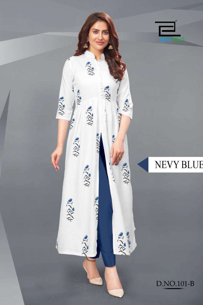 CALENDAR VOL-1 BY BLUE HILLS 101-A TO 101-D SERIES DESIGNER STYLISH FANCY COLORFUL BEAUTIFUL PARTY WEAR & ETHNIC WEAR COLLECTION RAYON PRINTED KURTIS AT WHOLESALE PRICE