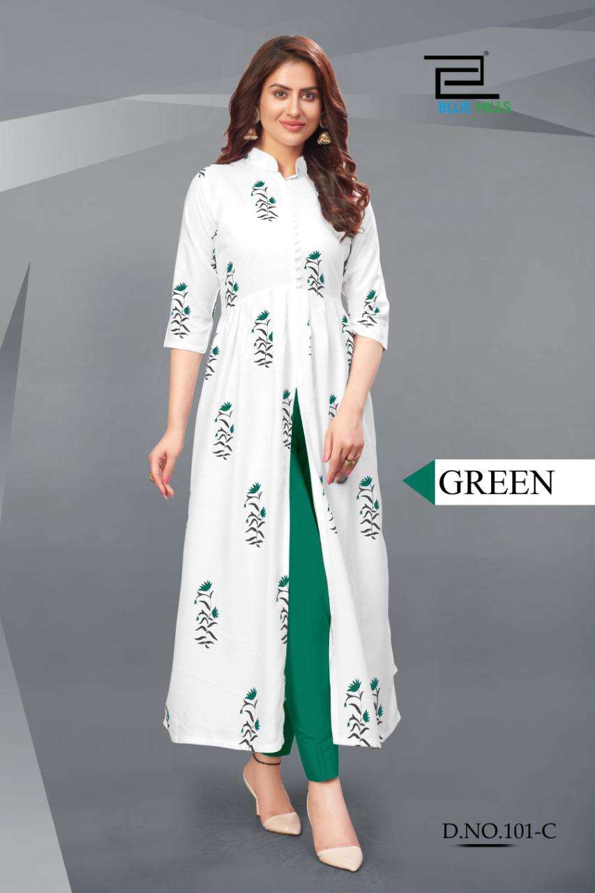 CALENDAR VOL-1 BY BLUE HILLS 101-A TO 101-D SERIES DESIGNER STYLISH FANCY COLORFUL BEAUTIFUL PARTY WEAR & ETHNIC WEAR COLLECTION RAYON PRINTED KURTIS AT WHOLESALE PRICE