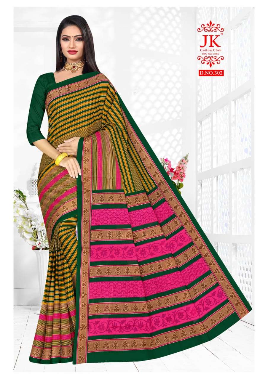 KANGANA VOL-3 BY JK COTTON CLUB 301 TO 312 SERIES INDIAN TRADITIONAL WEAR COLLECTION BEAUTIFUL STYLISH FANCY COLORFUL PARTY WEAR & OCCASIONAL WEAR PURE COTTON SAREES AT WHOLESALE PRICE
