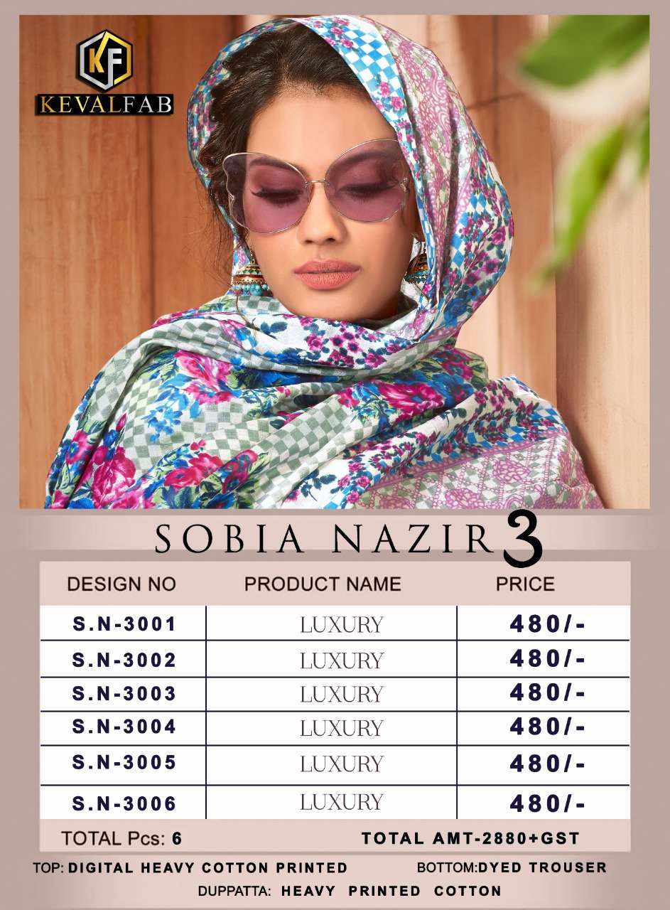 SOBIA NAZIR VOL-3 BY KEVAL FAB 3001 TO 3006 SERIES BEAUTIFUL STYLISH SUITS FANCY COLORFUL CASUAL WEAR & ETHNIC WEAR & READY TO WEAR HEAVY COTTON PRINTED DRESSES AT WHOLESALE PRICE