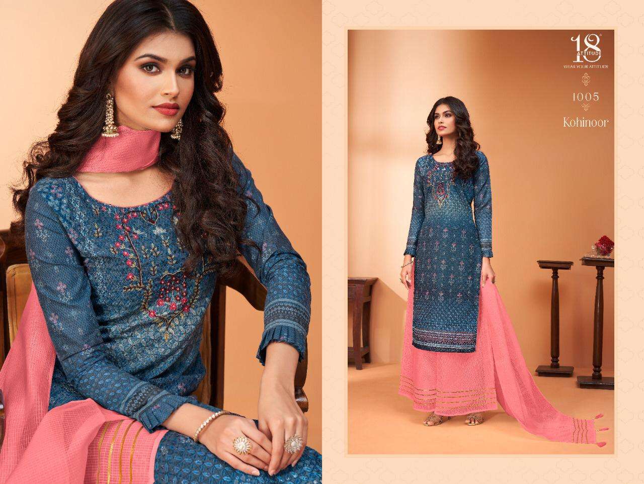 KOHINOOR BY 18 ATTITUDE 1001 TO 1005 SERIES DESIGNER SUITS BEAUTIFUL FANCY COLORFUL STYLISH PARTY WEAR & OCCASIONAL WEAR CAMBRIC COTTON PRINTED DRESSES AT WHOLESALE PRICE