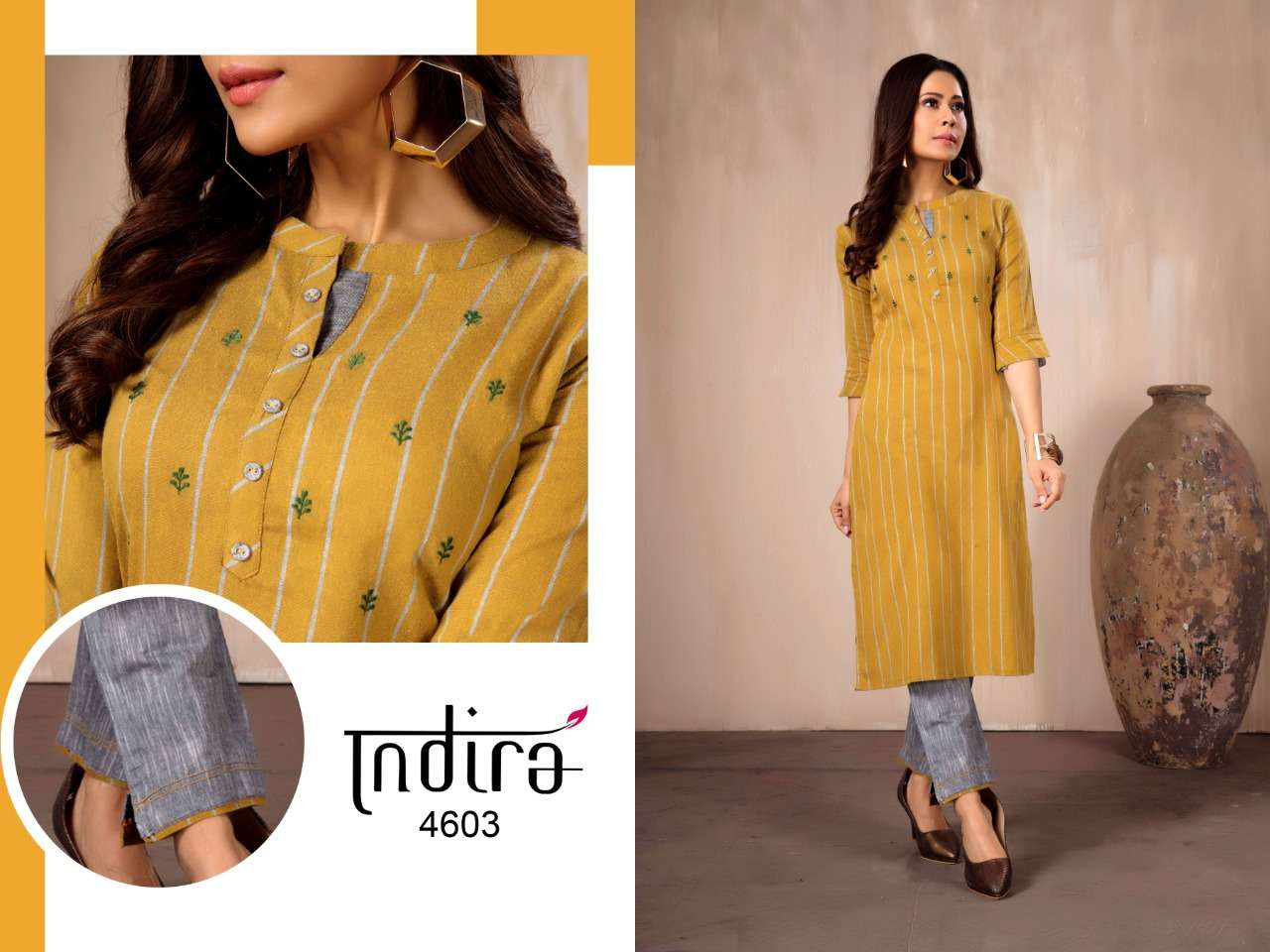 IN LINE BY INDIRA 4601 TO 4606 SERIES DESIGNER STYLISH FANCY COLORFUL BEAUTIFUL PARTY WEAR & ETHNIC WEAR COLLECTION COTTON WEAVED KURTIS WITH BOTTOM AT WHOLESALE PRICE