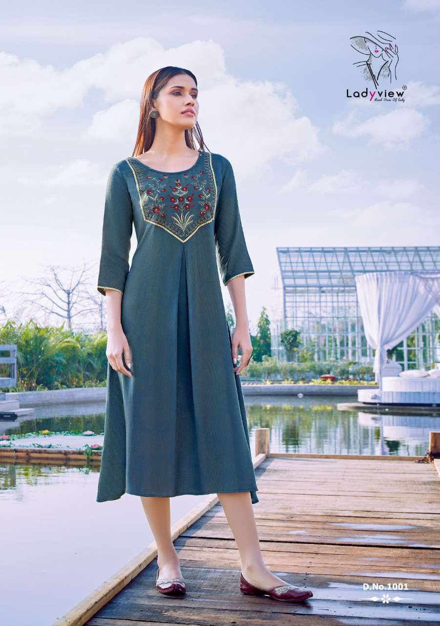 MAHEK BY LADY VIEW 1001 TO 1004 SERIES DESIGNER STYLISH FANCY COLORFUL BEAUTIFUL PARTY WEAR & ETHNIC WEAR COLLECTION RAYON EMBROIDERY KURTIS AT WHOLESALE PRICE