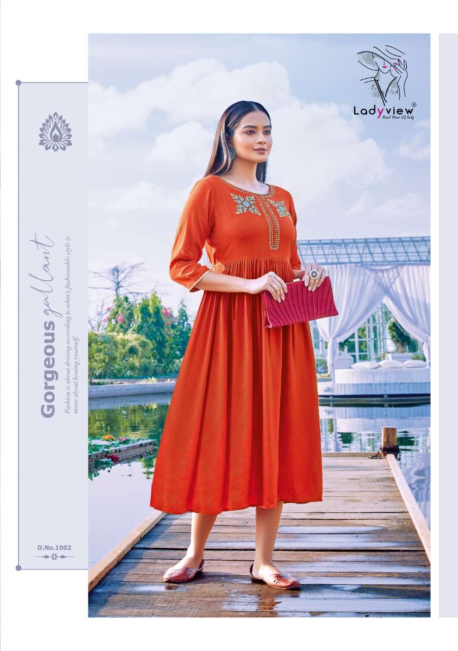 MAHEK BY LADY VIEW 1001 TO 1004 SERIES DESIGNER STYLISH FANCY COLORFUL BEAUTIFUL PARTY WEAR & ETHNIC WEAR COLLECTION RAYON EMBROIDERY KURTIS AT WHOLESALE PRICE
