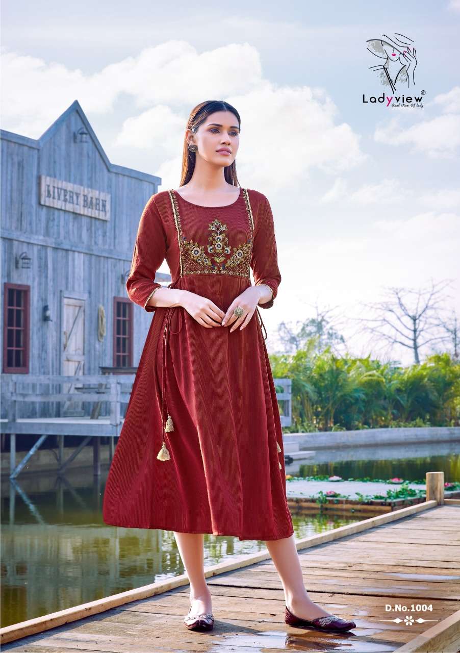 MAHEK BY LADY VIEW 1001 TO 1004 SERIES DESIGNER STYLISH FANCY COLORFUL BEAUTIFUL PARTY WEAR & ETHNIC WEAR COLLECTION RAYON EMBROIDERY KURTIS AT WHOLESALE PRICE