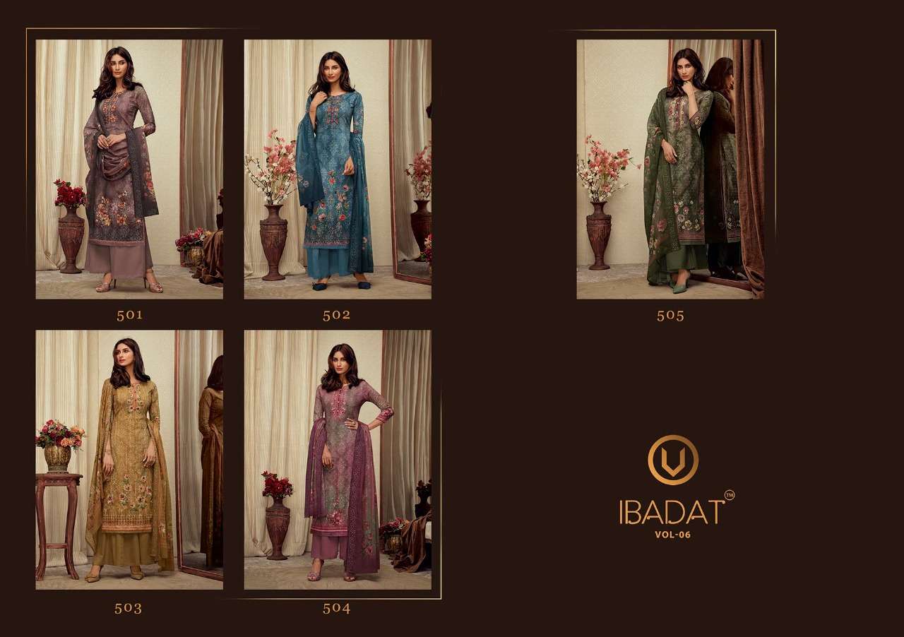 IBADAT VOL-6 BY VIVEK FASHION 501 TO 505 SERIES BEAUTIFUL STYLISH SHARARA SUITS FANCY COLORFUL CASUAL WEAR & ETHNIC WEAR & READY TO WEAR FANCY DRESSES AT WHOLESALE PRICE