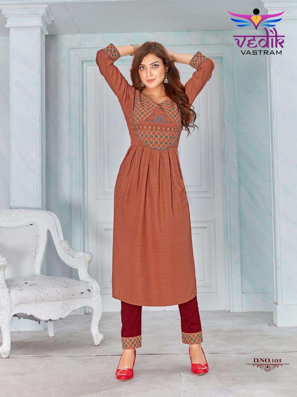 RICH LOOK VOL-1 BY VEDIK VASTRAM 101 TO 106 SERIES DESIGNER STYLISH FANCY COLORFUL BEAUTIFUL PARTY WEAR & ETHNIC WEAR COLLECTION RAYON EMBROIDERY KURTIS WITH BOTTOM AT WHOLESALE PRICE