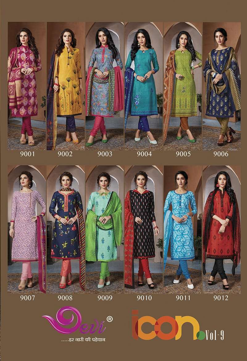 ICON VOL-9 BY DEVI 9001 TO 9012 SERIES INDIAN DESIGNER TRADITIONAL WEAR COLLECTION BEAUTIFUL STYLISH FANCY COLORFUL PARTY WEAR & OCCASIONAL WEAR COTTON DRESSES AT WHOLESALE PRICE