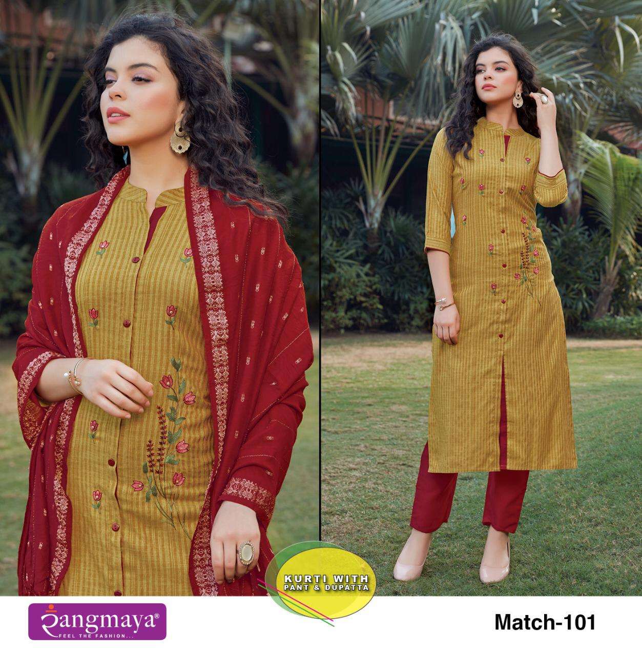 MATCH BY RANGMAYA 101 TO 110 SERIES BEAUTIFUL SUITS COLORFUL STYLISH FANCY CASUAL WEAR & ETHNIC WEAR RAYON DRESSES AT WHOLESALE PRICE