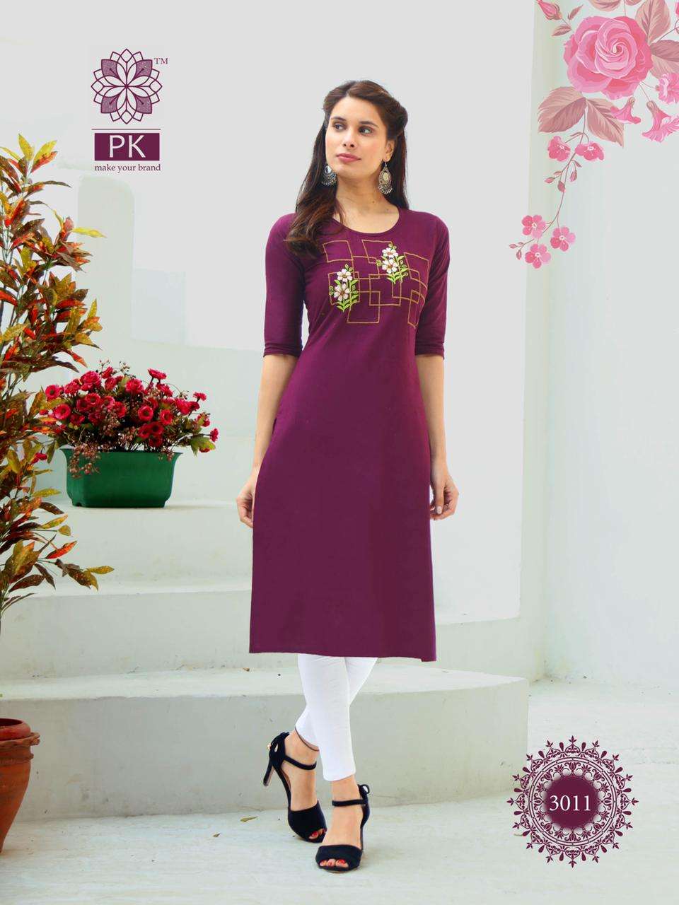 FASHION RAINBOW VOL-3 BY PK 3001 TO 3021 SERIES BEAUTIFUL STYLISH FANCY COLORFUL CASUAL WEAR & ETHNIC WEAR COTTON EMBROIDERED KURTIS AT WHOLESALE PRICE