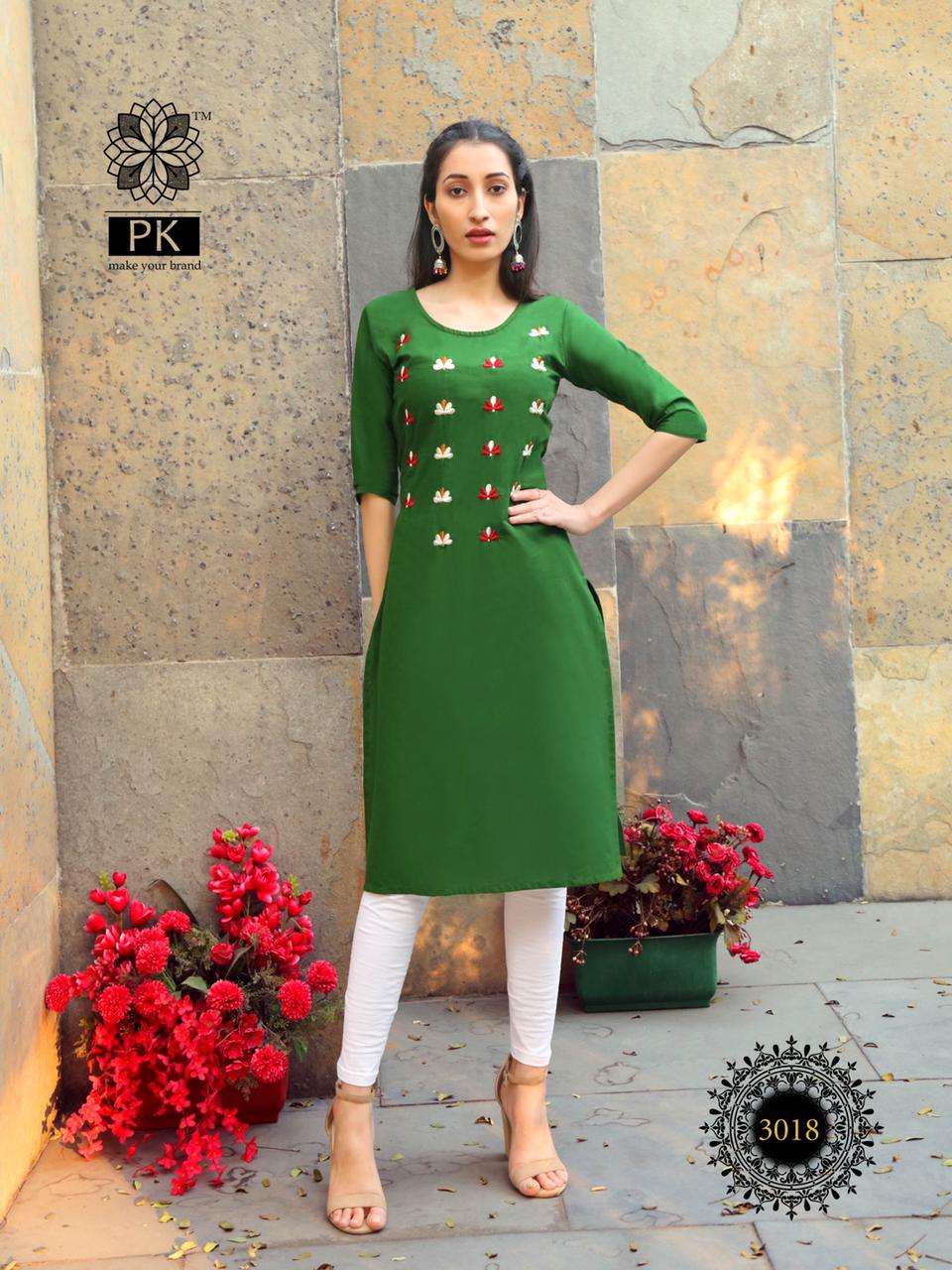 FASHION RAINBOW VOL-3 BY PK 3001 TO 3021 SERIES BEAUTIFUL STYLISH FANCY COLORFUL CASUAL WEAR & ETHNIC WEAR COTTON EMBROIDERED KURTIS AT WHOLESALE PRICE