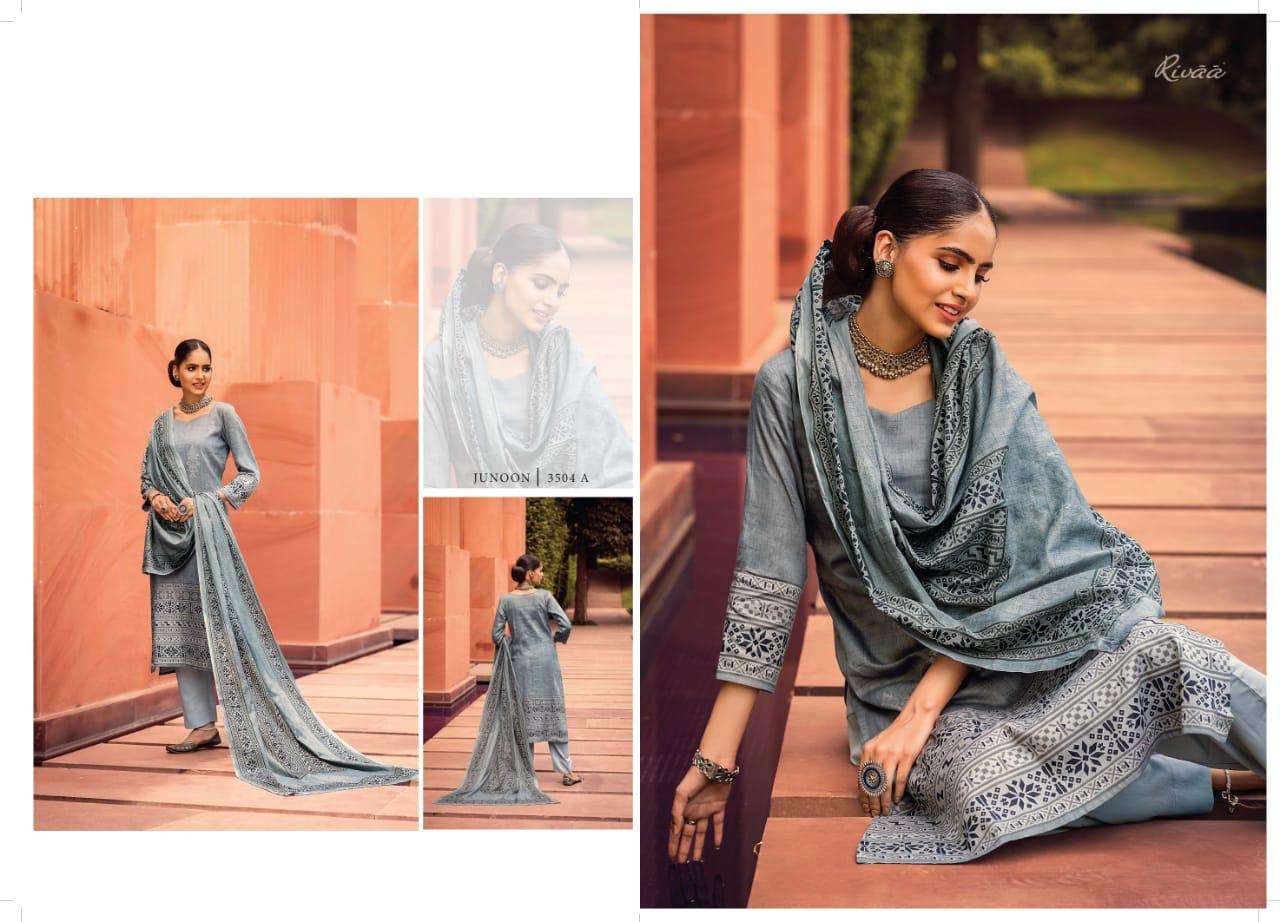 JUNOON BY RIVAA 3501-A TO 3505-B SERIES BEAUTIFUL SUITS COLORFUL STYLISH FANCY CASUAL WEAR & ETHNIC WEAR GLACE COTTON PRINT DRESSES AT WHOLESALE PRICE