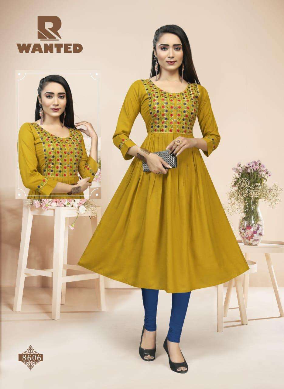WANTED BY RAASHI 8601 TO 8608 SERIES DESIGNER STYLISH FANCY COLORFUL BEAUTIFUL PARTY WEAR & ETHNIC WEAR COLLECTION HEAVY RAYON SLUB KURTIS AT WHOLESALE PRICE
