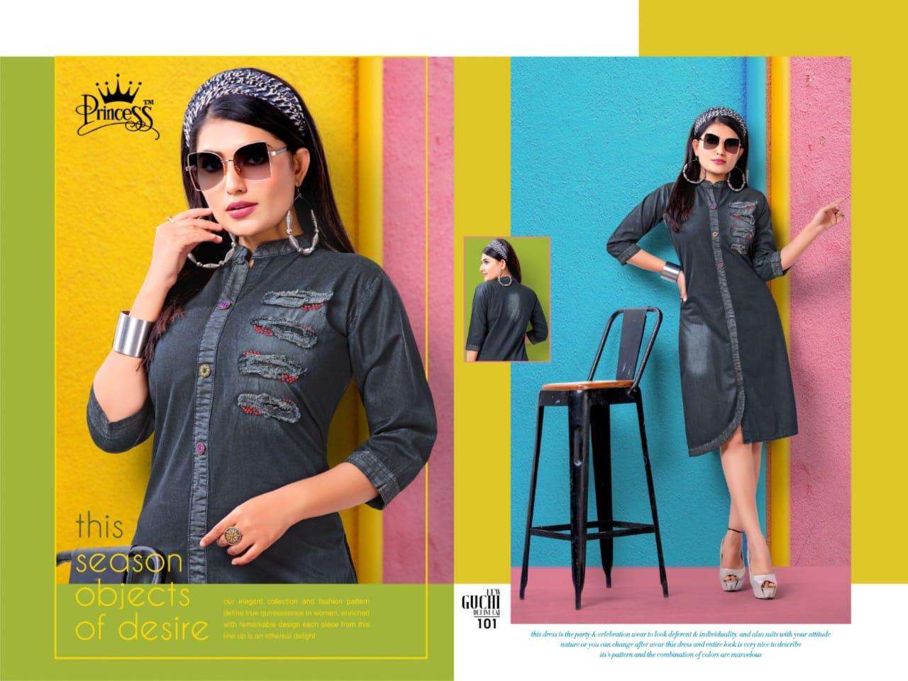 GUCHI BY PRINCESS DESIGNER STYLISH FANCY COLORFUL BEAUTIFUL PARTY WEAR & ETHNIC WEAR COLLECTION HEAVY DENIM EMBROIDERY KURTIS AT WHOLESALE PRICE