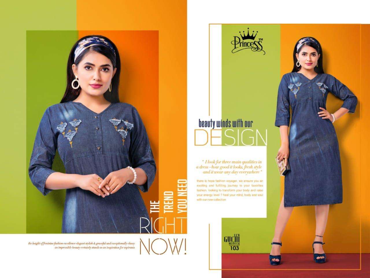 GUCHI BY PRINCESS DESIGNER STYLISH FANCY COLORFUL BEAUTIFUL PARTY WEAR & ETHNIC WEAR COLLECTION HEAVY DENIM EMBROIDERY KURTIS AT WHOLESALE PRICE
