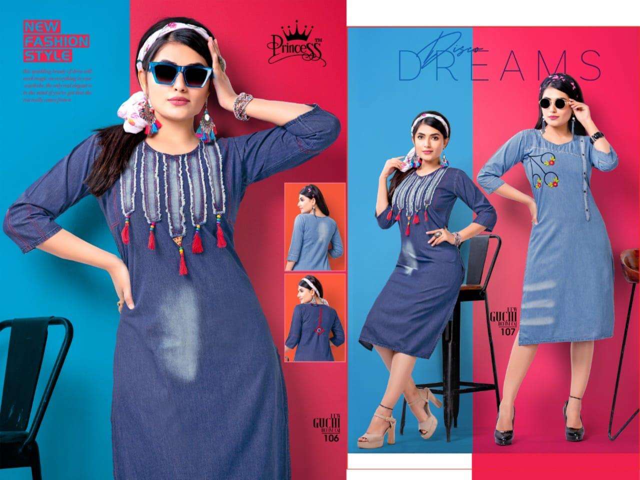 GUCHI BY PRINCESS DESIGNER STYLISH FANCY COLORFUL BEAUTIFUL PARTY WEAR & ETHNIC WEAR COLLECTION HEAVY DENIM EMBROIDERY KURTIS AT WHOLESALE PRICE