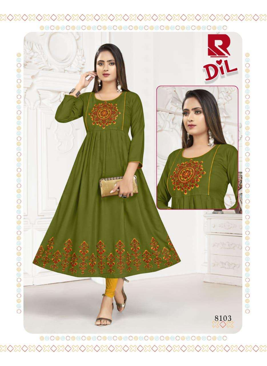 DIL BY RAASHI 8101 TO 8108 SERIES DESIGNER STYLISH FANCY COLORFUL BEAUTIFUL PARTY WEAR & ETHNIC WEAR COLLECTION RAYON EMBROIDERY KURTIS AT WHOLESALE PRICE