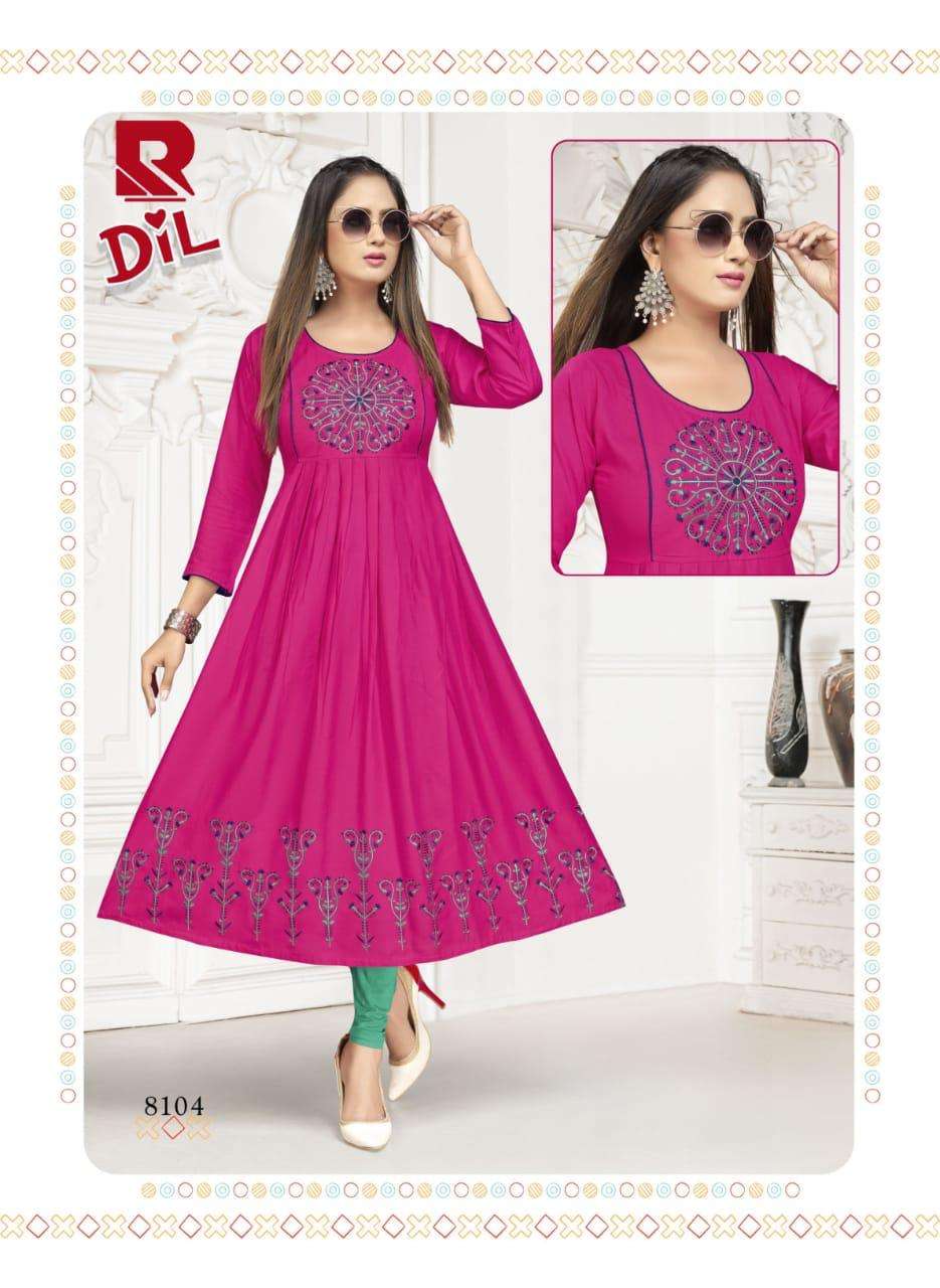 DIL BY RAASHI 8101 TO 8108 SERIES DESIGNER STYLISH FANCY COLORFUL BEAUTIFUL PARTY WEAR & ETHNIC WEAR COLLECTION RAYON EMBROIDERY KURTIS AT WHOLESALE PRICE